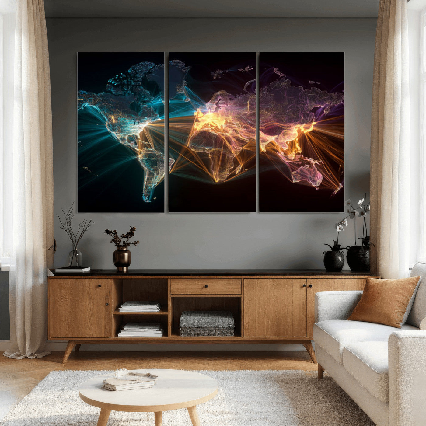 14891737-MGV-CV-36X24 - World Map and Global Flight Routes Map Canvas Wall Art, Worldwide Aviation Network Print, International Air Travel Wall Decor