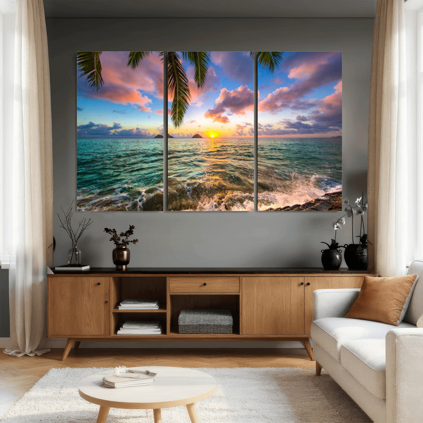 13207742-MGV-CV-36X24 - Hawaii Beach Sunset Canvas Wall Art Print, Tropical Ocean Landscape Artwork, Palm Tree Coastal Decor for Living Room Bedroom
