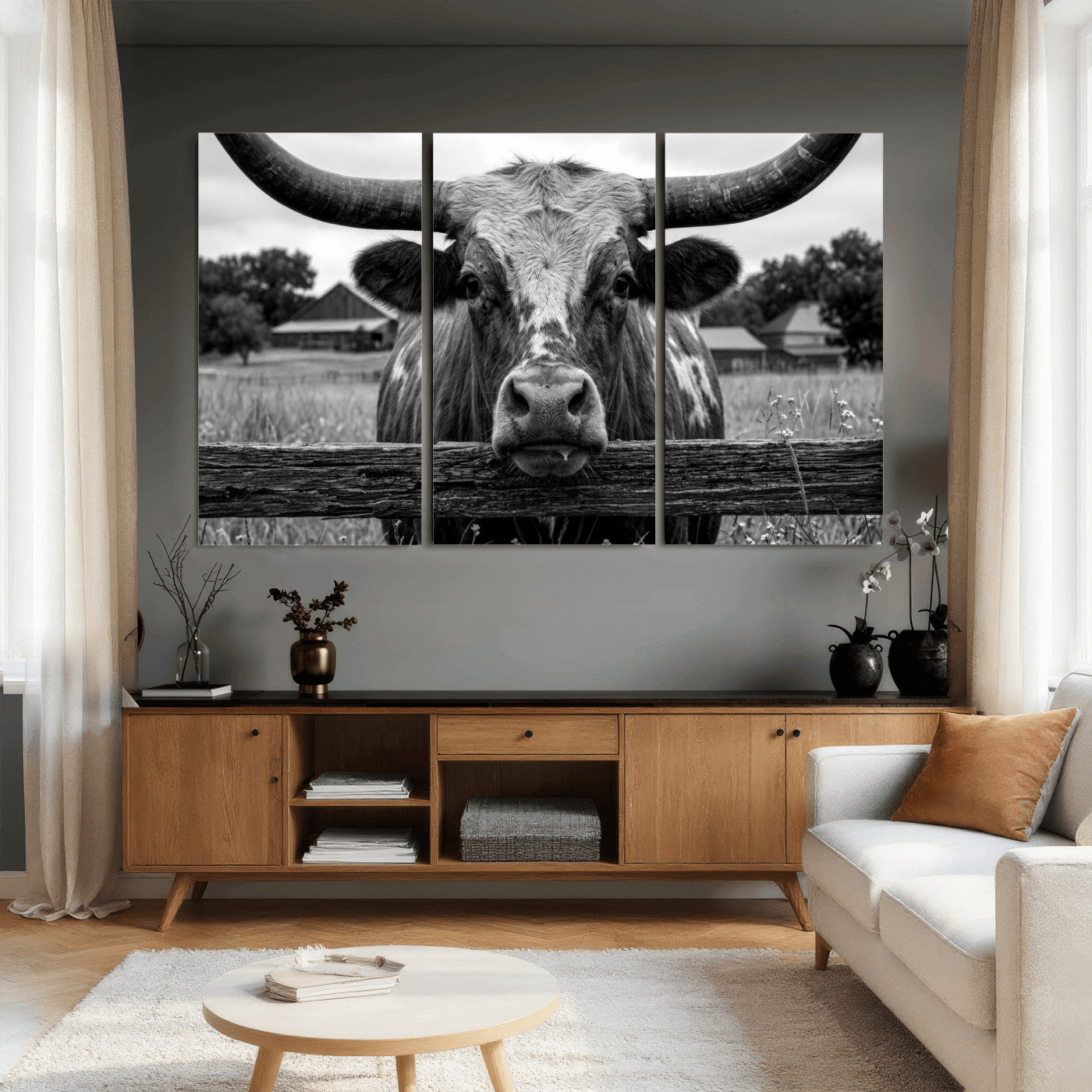 59378683B-MGV-CV-36X24 - Black White Texas Longhorn Bull Canvas Wall Art, Western Ranch Cattle Photography Print, Rustic Farmhouse Cowboy Decor Artwork