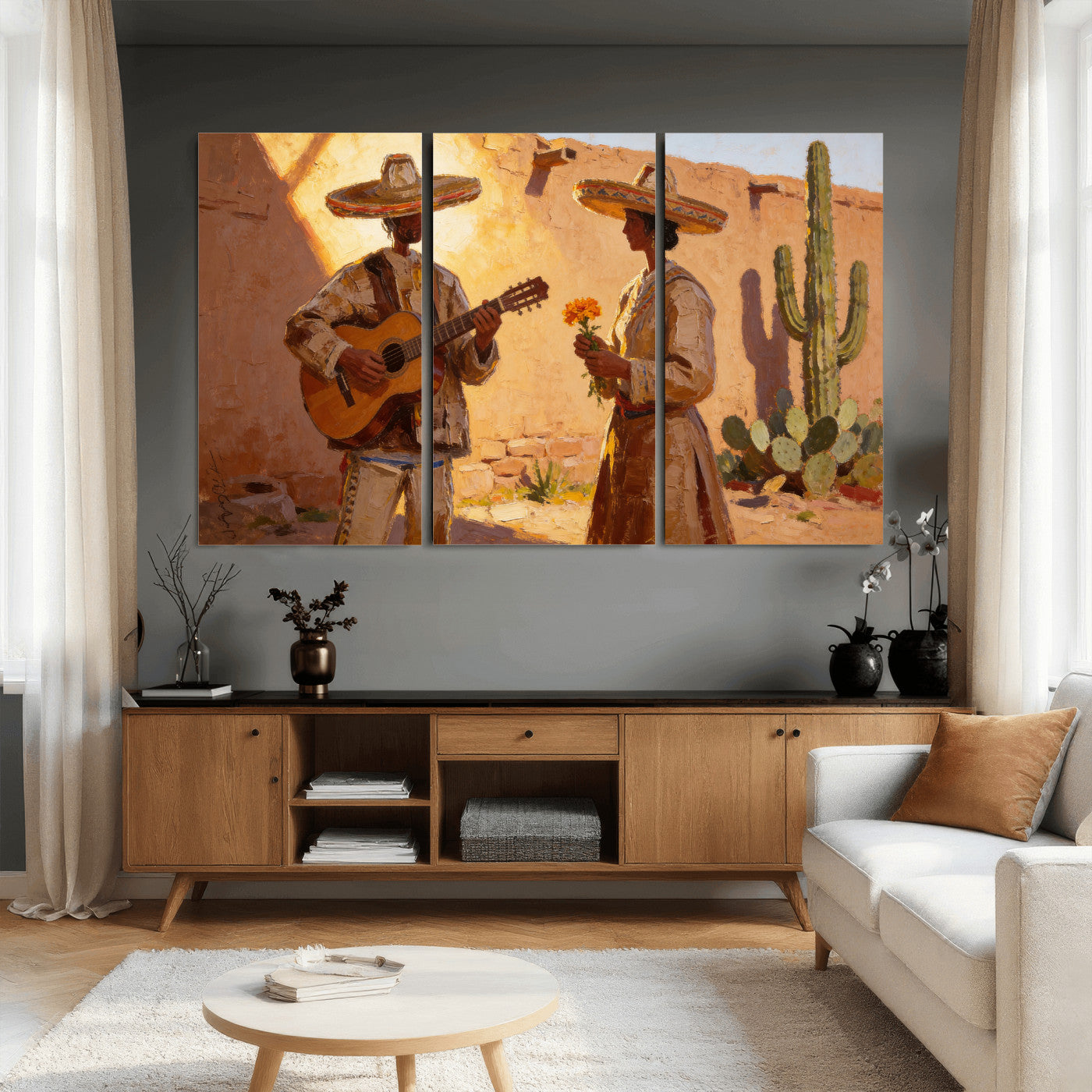 41849005-MGV-CV-36X24 - Mexican Couple Canvas Wall Art, Romantic Serenade Guitar Painting Print, Southwestern Desert Adobe Decor, Warm Golden Folk Art, Living Room Art