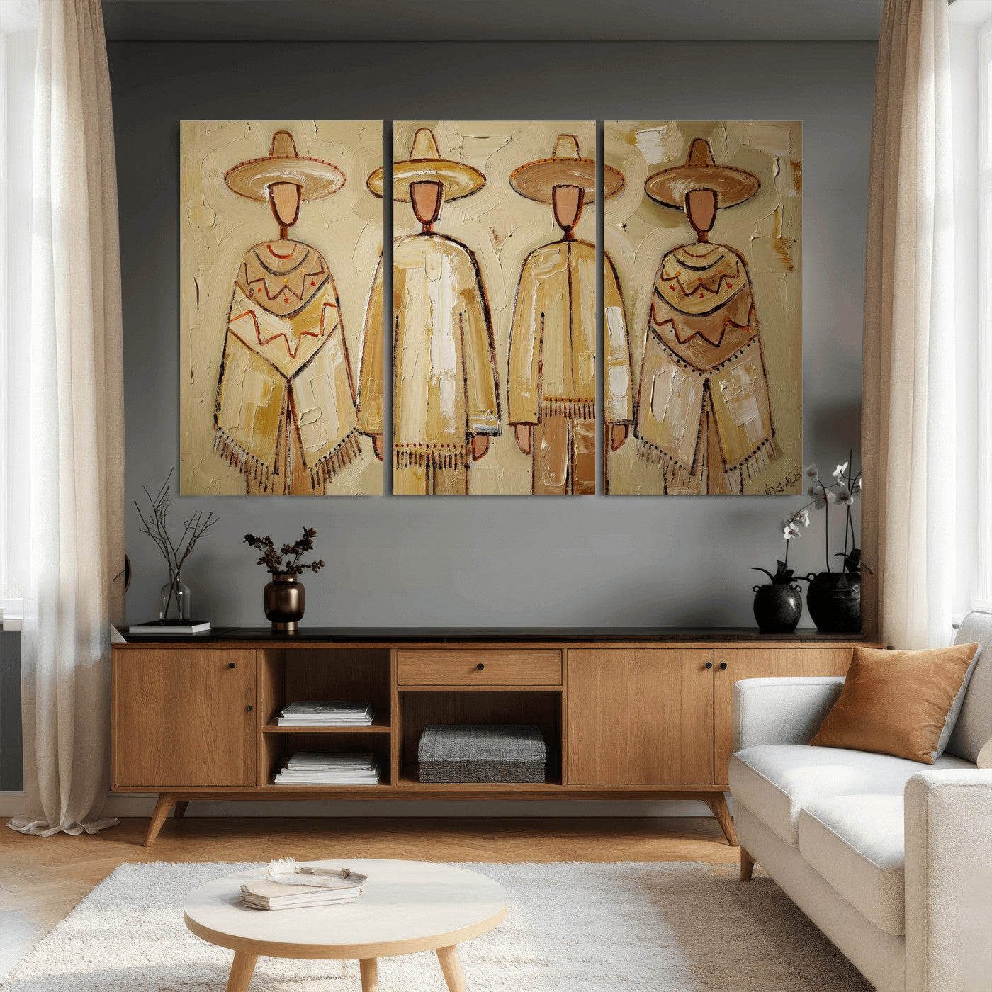 46071653-MGV-CV-36X24 - Mexican Folk Art Canvas Wall Art, Charro Poncho Sombrero Painting Print, Neutral Beige Boho Decor, Southwestern Impasto Style, Living Room Art
