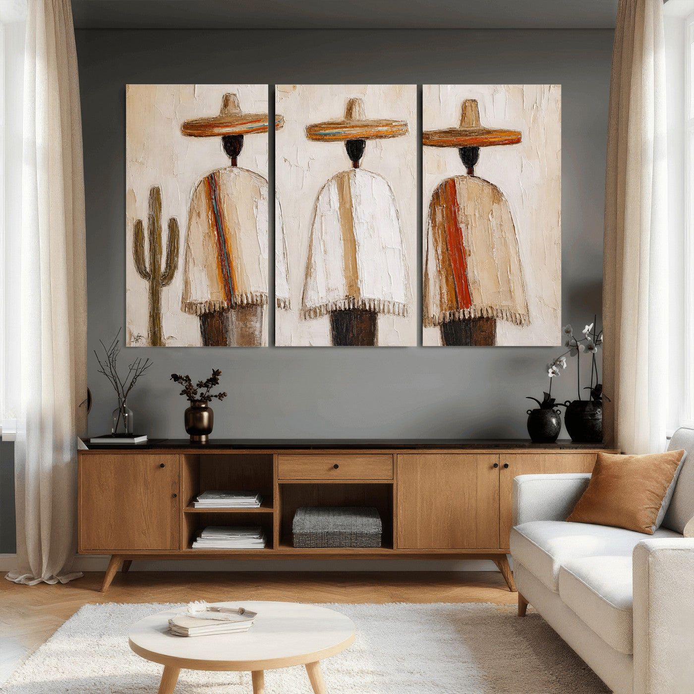 72884785-MGV-CV-36X24 - Mexican Folk Art Canvas Wall Art, Southwestern Sombrero Poncho Painting, Neutral Earthy Boho Decor, Fiesta Living Room Art, Impasto Style Print