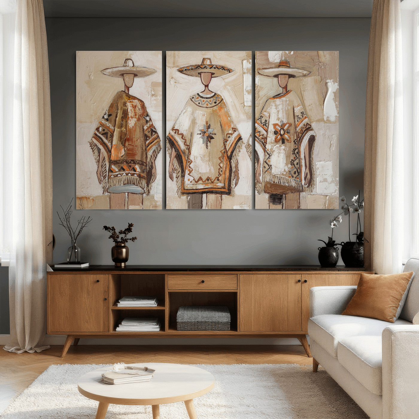 85373290-MGV-CV-36X24 - Mexican Folk Art Canvas Wall Art, Charro Poncho Sombrero Painting Print, Neutral Beige Boho Decor, Southwestern Impasto Style, Living Room Art