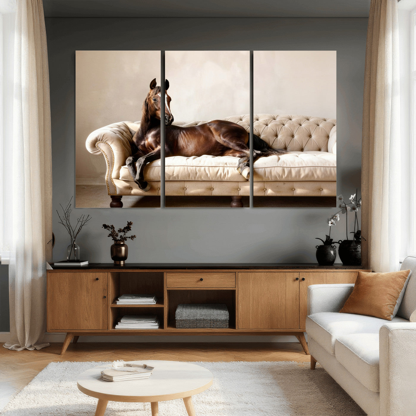 17716841-MGV-CV-36X24 - Funny Horse on Sofa Canvas Wall Art, Quirky Horse Lounging Photo Print, Whimsical Animal Decor, Living Room Conversation Art, Horse Lover Gift