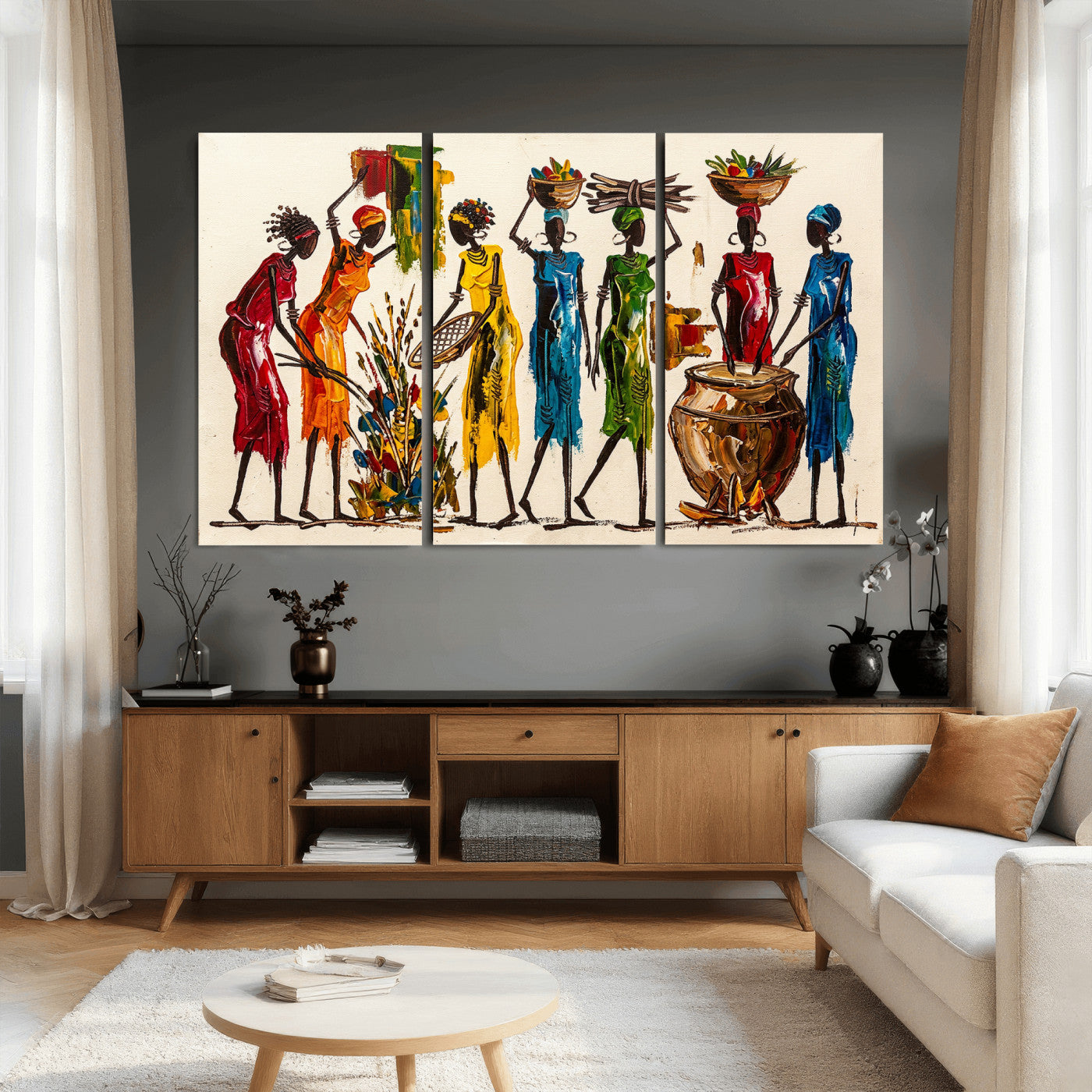 83463154-MGV-CV-36X24 - African Folk Art Canvas Wall Art, Colorful African Women Village Painting Print, Tribal Ethnic Home Decor, Vibrant African Art, Living Room
