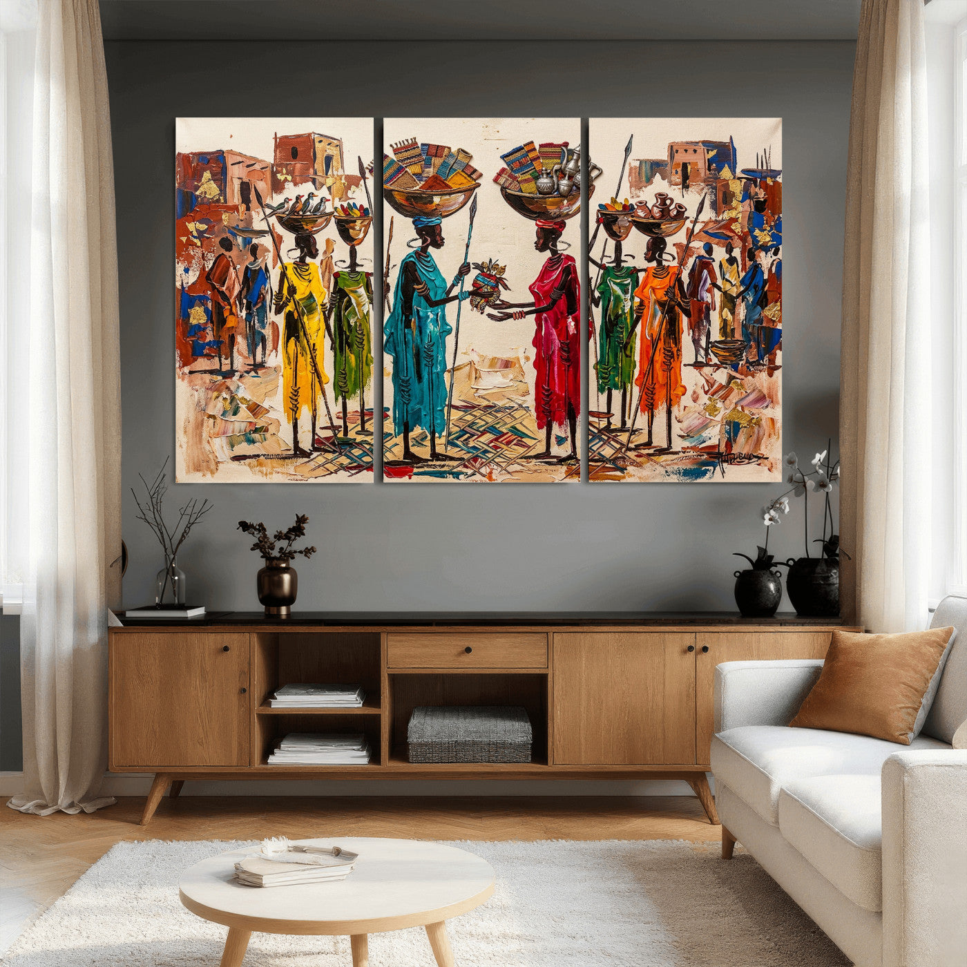 54818657-MGV-CV-36X24 - African Folk Art Canvas Wall Art, Colorful African Women Village Painting Print, Tribal Ethnic Home Decor, Vibrant African Art, Living Room