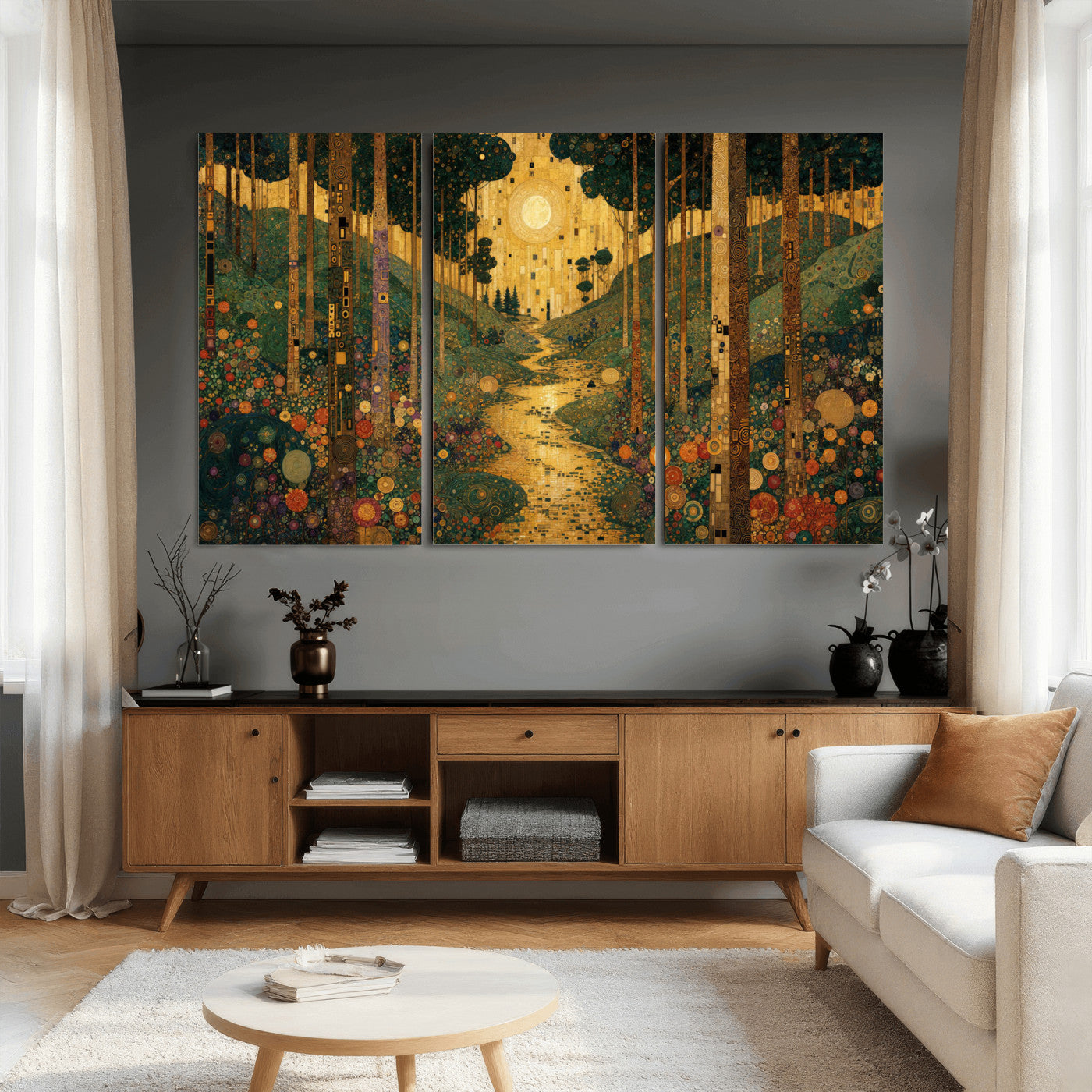 79483321GS-MGV-CV-48X32-3P - Gustav Klimt Style Forest Canvas Wall Art, Golden Forest Path Floral Art Nouveau Print, Enchanted Woodland Decor