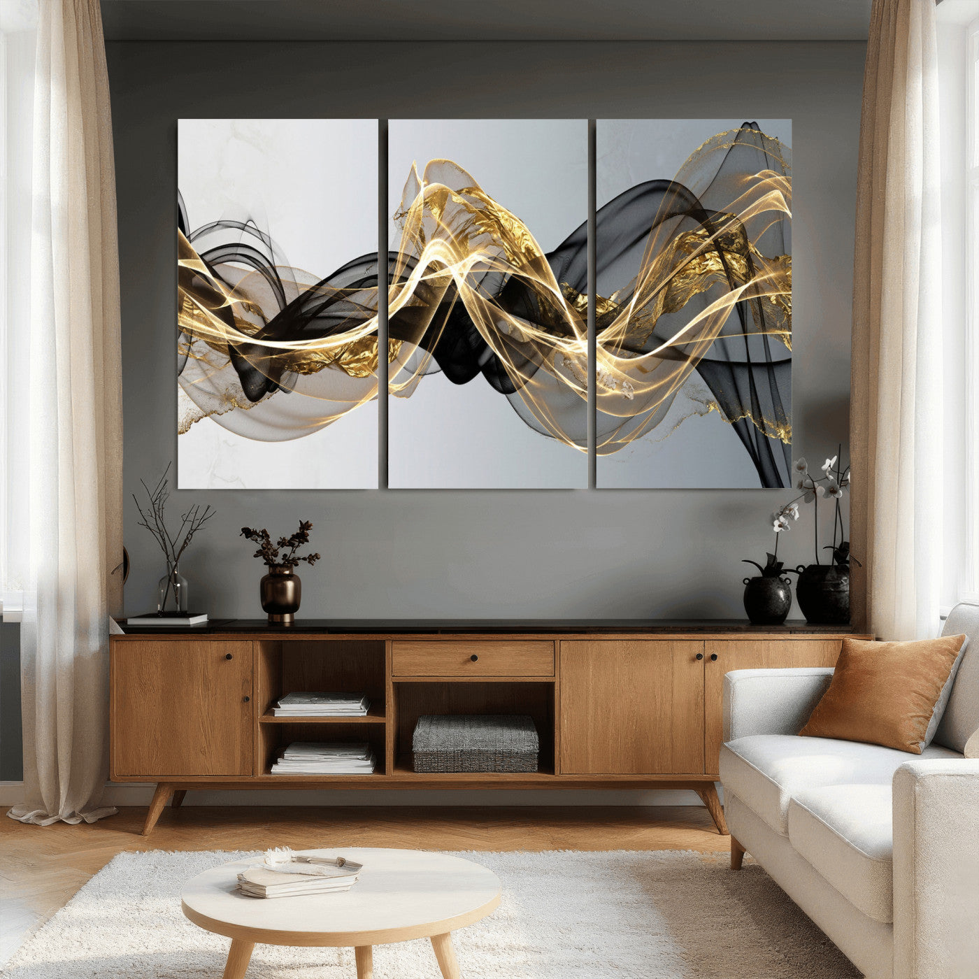 79483321DL-MGV-CV-36X24 - Black and Gold Abstract Wall Art, Modern Wave Canvas Print, Elegant Flowing Smoke Art, Luxury Living Room Decor