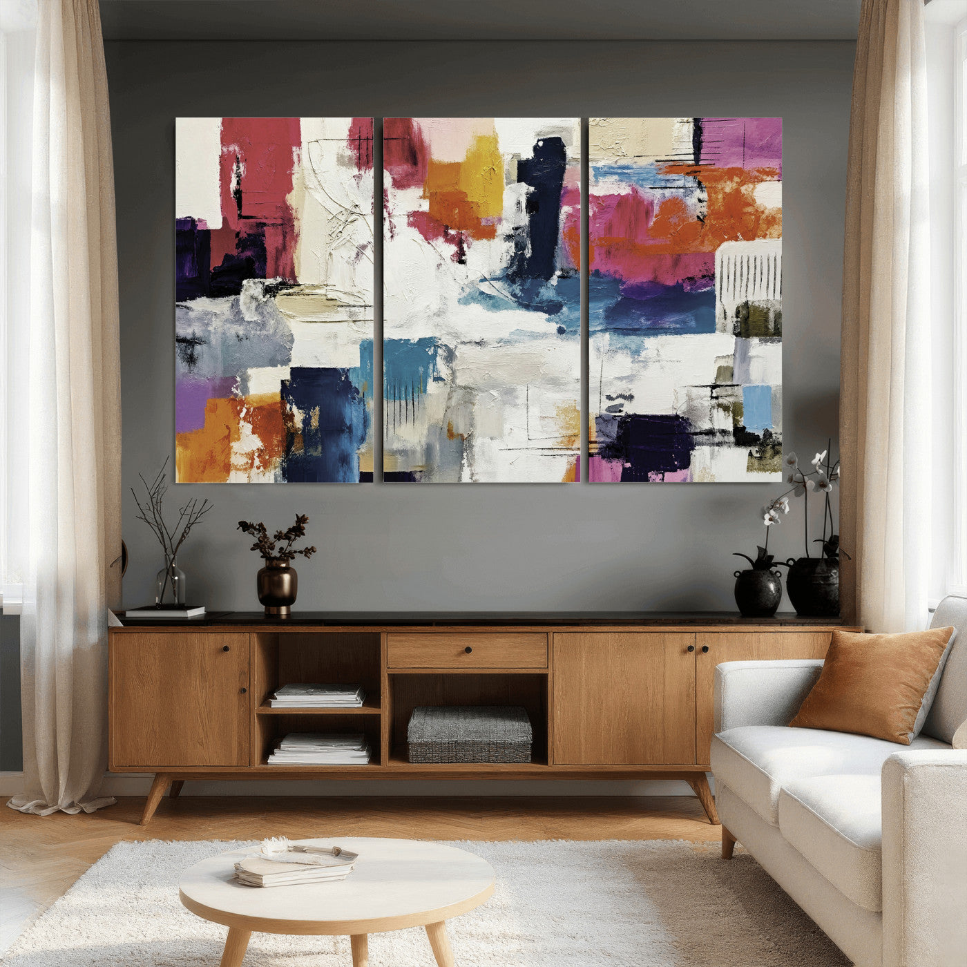 57864023-MGV-CV-36X24 - Blue Teal Abstract Canvas Wall Art, Modern Textured Painting Print, Navy Orange White Contemporary Art, Neutral Living Room Decor, Office Art