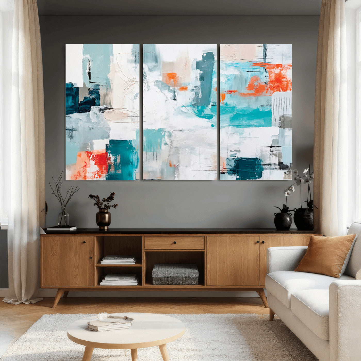 98638479-MGV-CV-36X24 - Blue Teal Abstract Canvas Wall Art | Modern Textured Painting Print, Navy Orange White Contemporary Art, Neutral Living Room Decor, Office Art