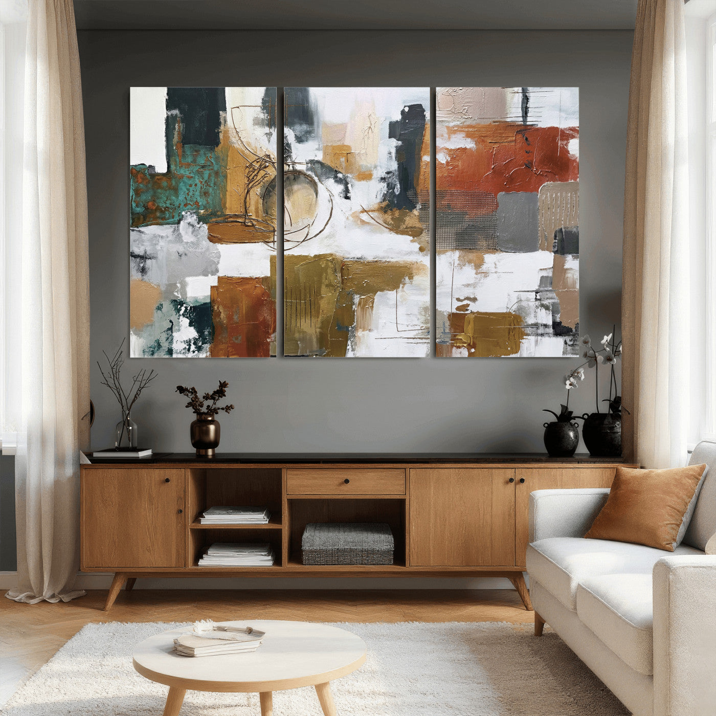 50720312-MGV-CV-36X24 - Blue Teal Abstract Canvas Wall Art, Modern Textured Painting Print, Navy Orange White Contemporary Art, Neutral Living Room Decor, Office Art