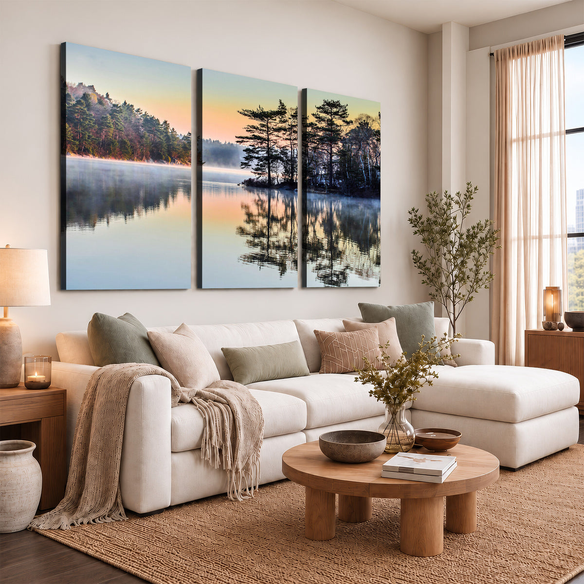 34236027-MGV-CV-36X24 - Before People Wake Canvas Wall Art Print, Misty Lake Sunrise Landscape, Forest Reflection Nature Decor, Ready to Hang