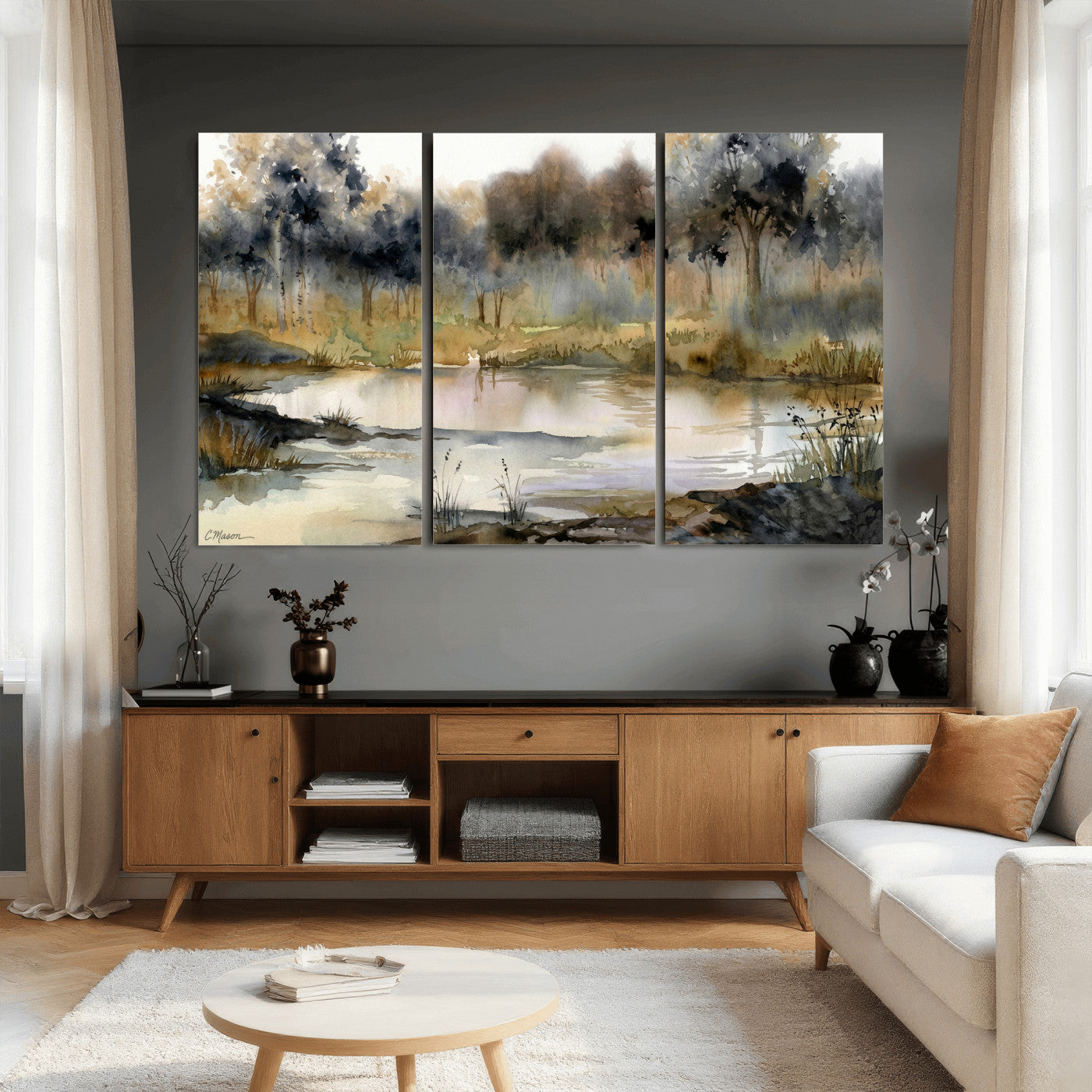 27383609-MGV-CV-36X24 - Abstract Watercolor Autumn Lake Canvas Wall Art Print - Misty Forest Landscape, Rustic Nature Painting, Cabin Wall Decor - Ready to Hang