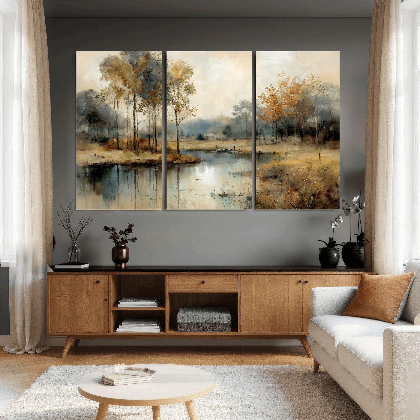 74391095-MGV-CV-36X24 - Abstract WatercolorAutumn Lake Canvas Wall Art Print, Misty Forest Landscape, Rustic Nature Painting, Cabin Wall Decor, Ready to Hang