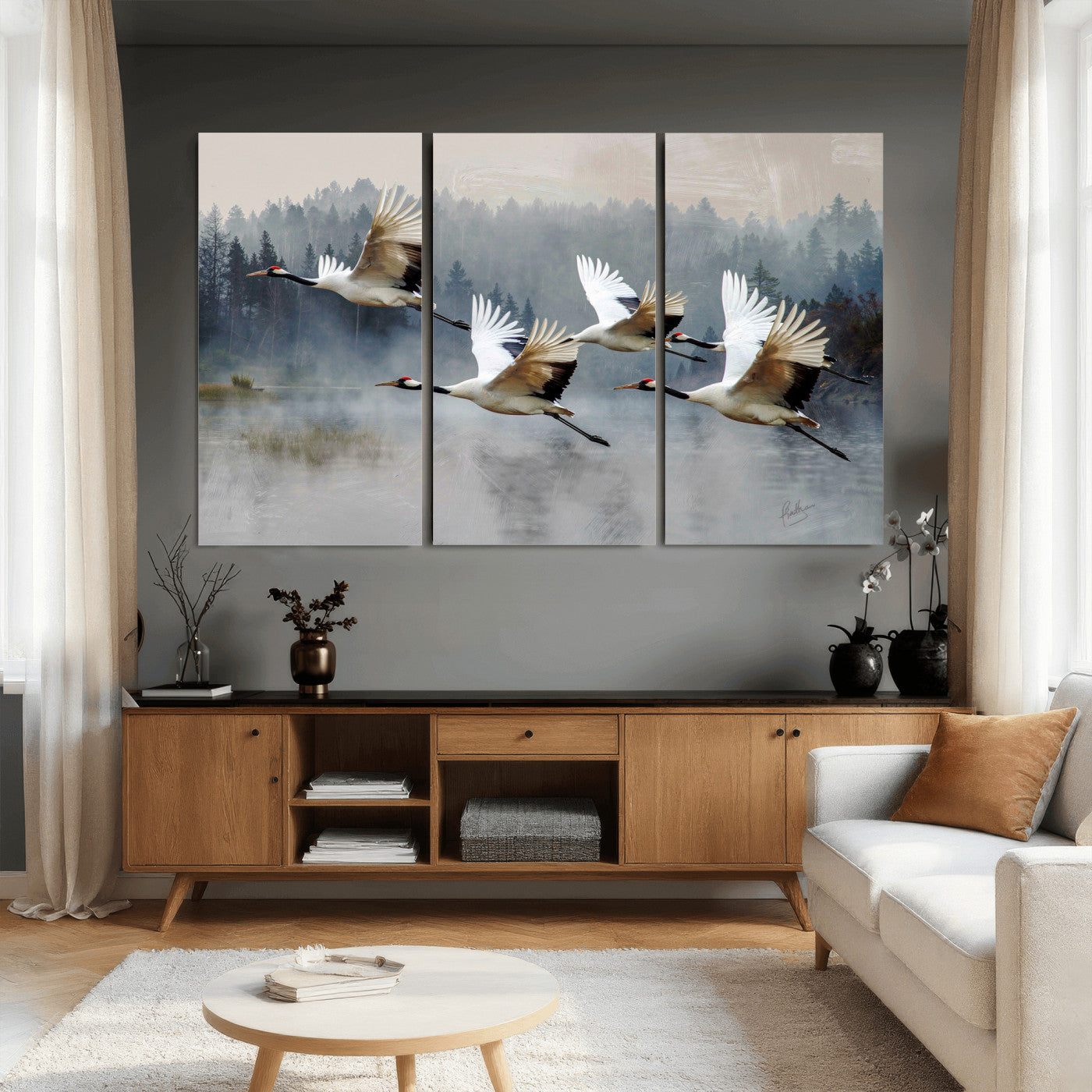 24356826-MGV-CV-36X24 - Flying Crane Canvas Wall Art Print, White Crane Bird Artwork, Wildlife Nature Decor, Lake Landscape Canvas, Ready to Hang