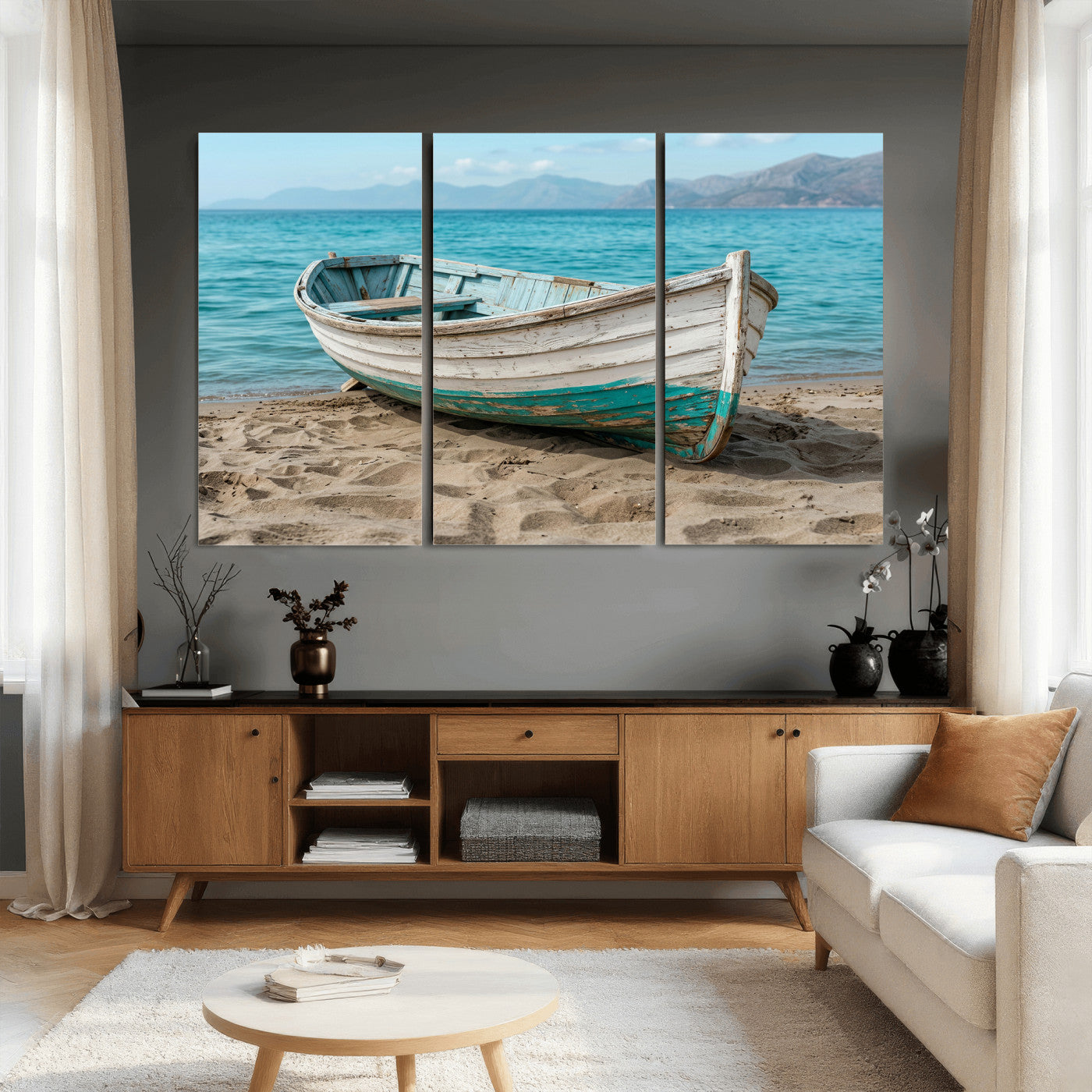 49963709-MGV-CV-36X24 - Coastal Boat Canvas Wall Art Print, Beach Boat Painting, Nautical Ocean Decor, Seascape Wall Art, Ready to Hang
