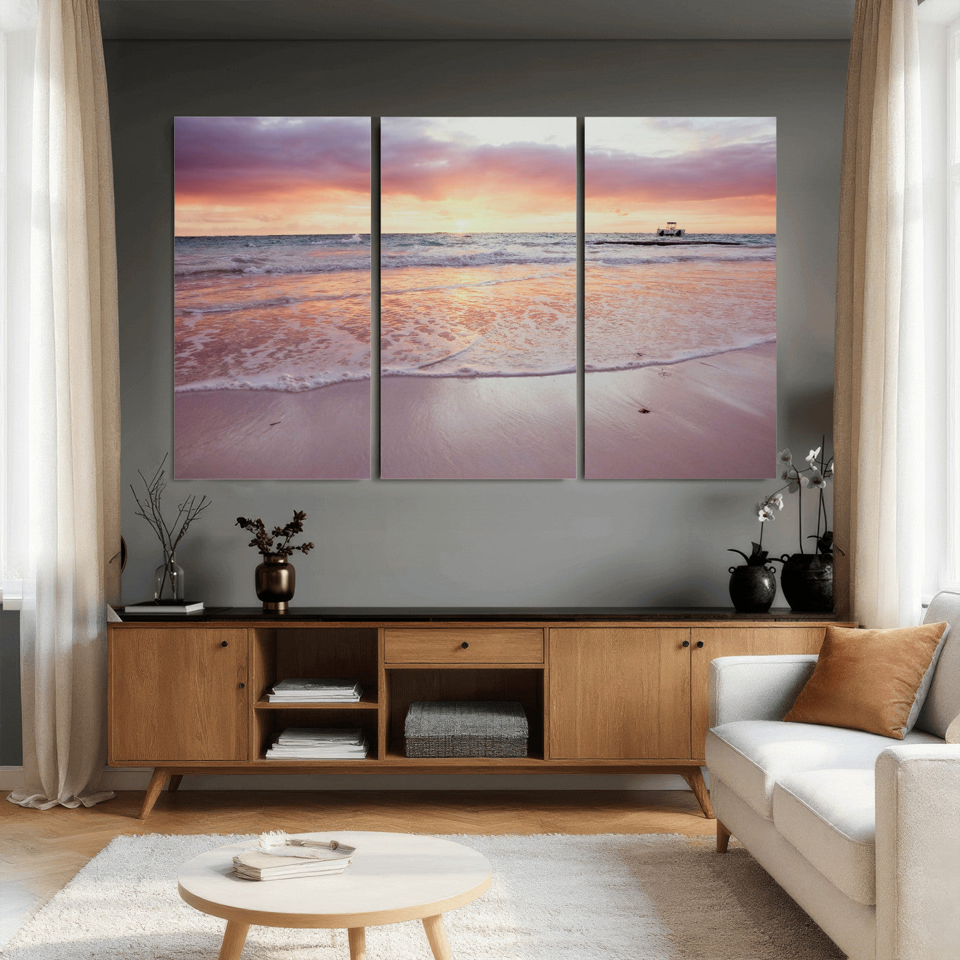 44765395-MGV-CV-36X24 - Beach Sunset Canvas Wall Art Print - Ocean Waves Landscape, Coastal Photography, Seascape Wall Decor, Ready to Hang