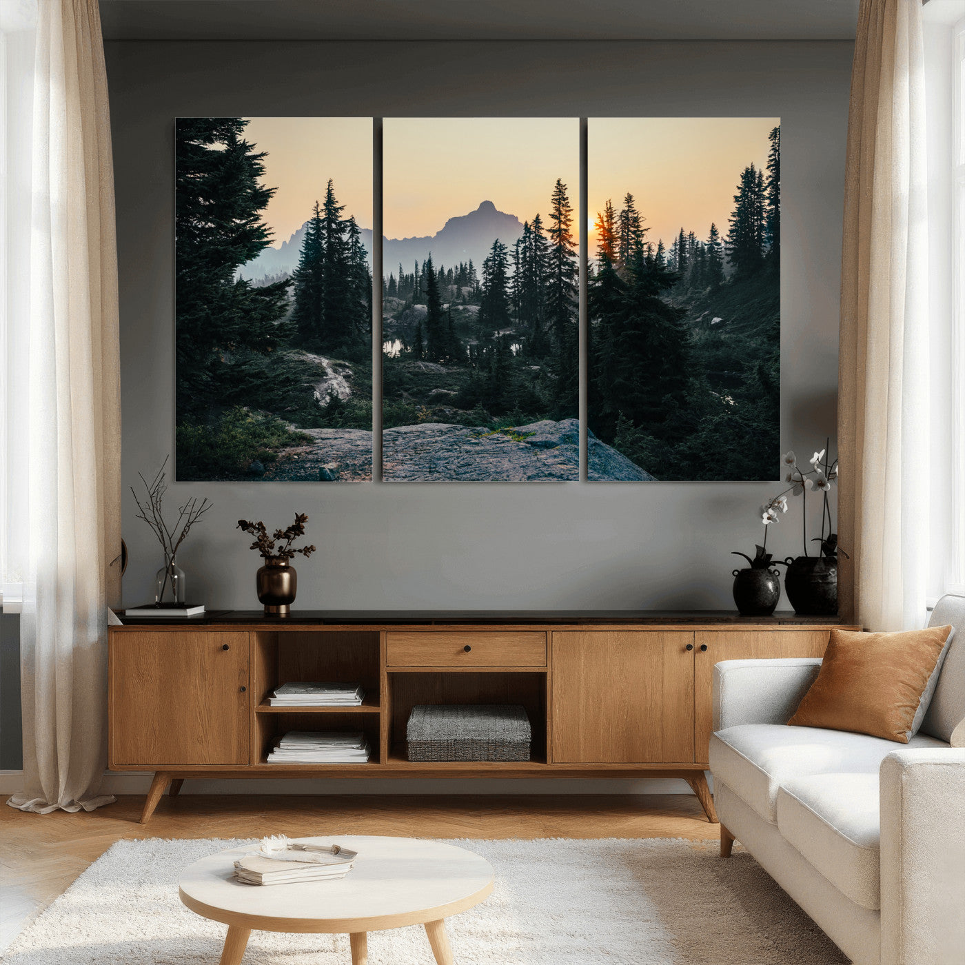 89996020-MGV-CV-36X24 - Mountain Forest Canvas Wall Art Print, Pine Tree Landscape, Sunset Nature Photography, Wilderness Wall Decor, Ready to Hang