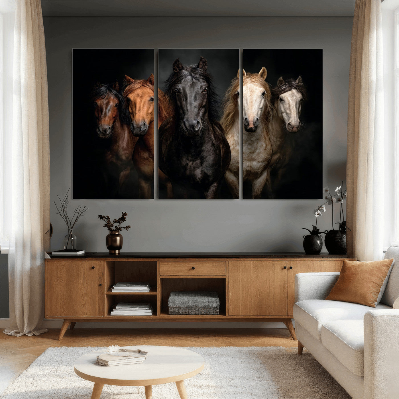 77696206-MGV-CV-36X24 - Horse Wall Art Canvas Print | Wild Horses Portrait Photography, Animal Horse Decor, Black Brown White Horse Herd