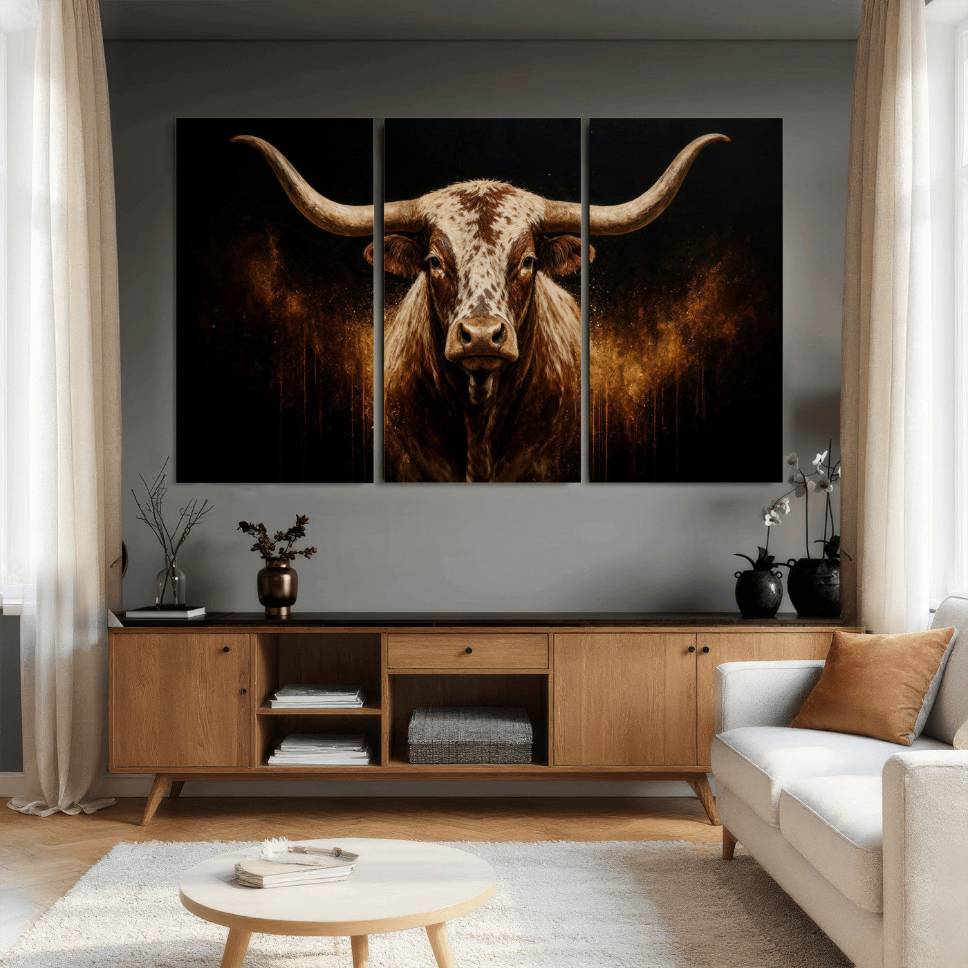 62076449-MGV-CV-48X32-3P - Texas Bull Cow Longhorn Canvas Wall Art Moody Western Bull Oil Painting Print