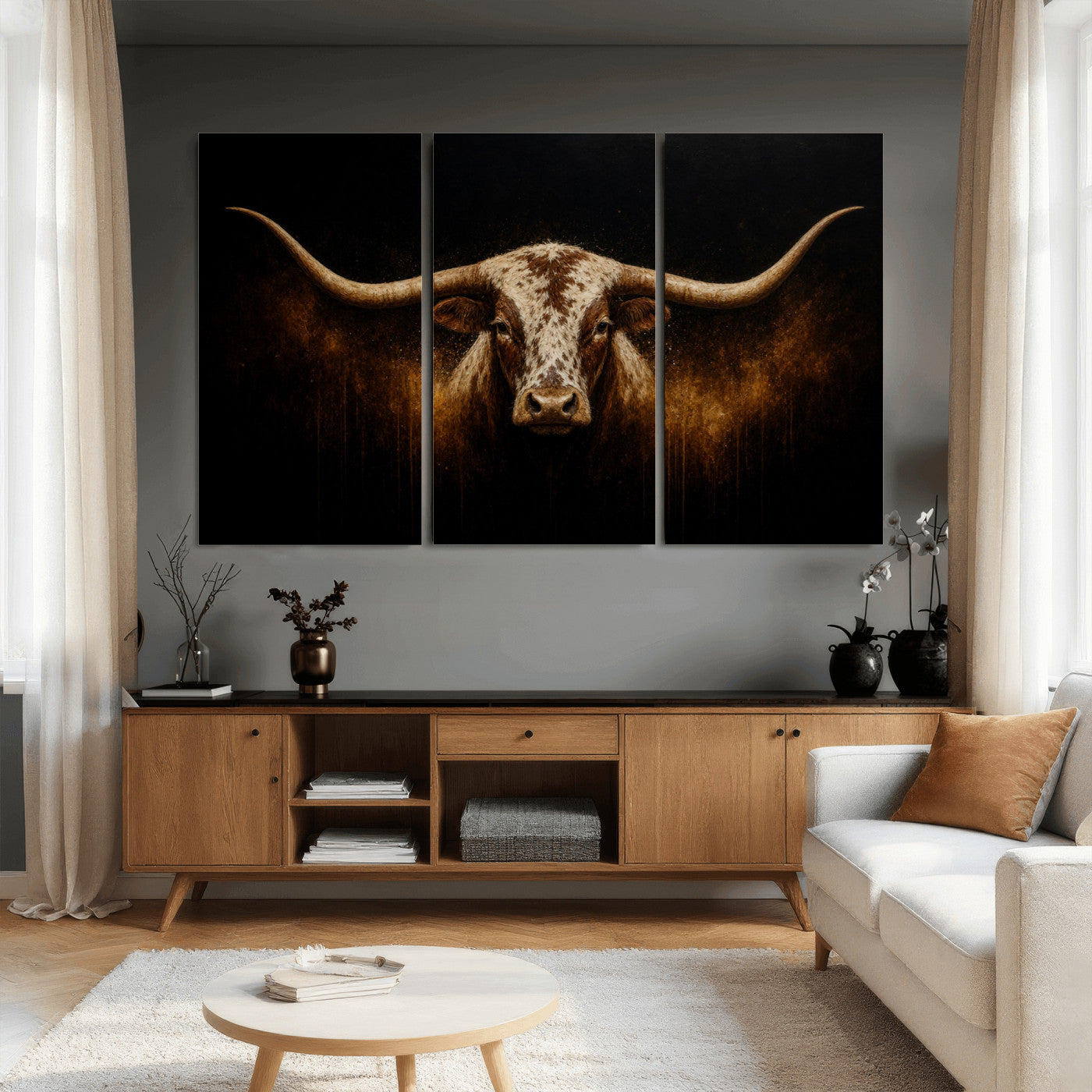 12628958-MGV-CV-36X24 - Texas Longhorn Canvas Wall Art Moody Western Bull Oil Painting Print