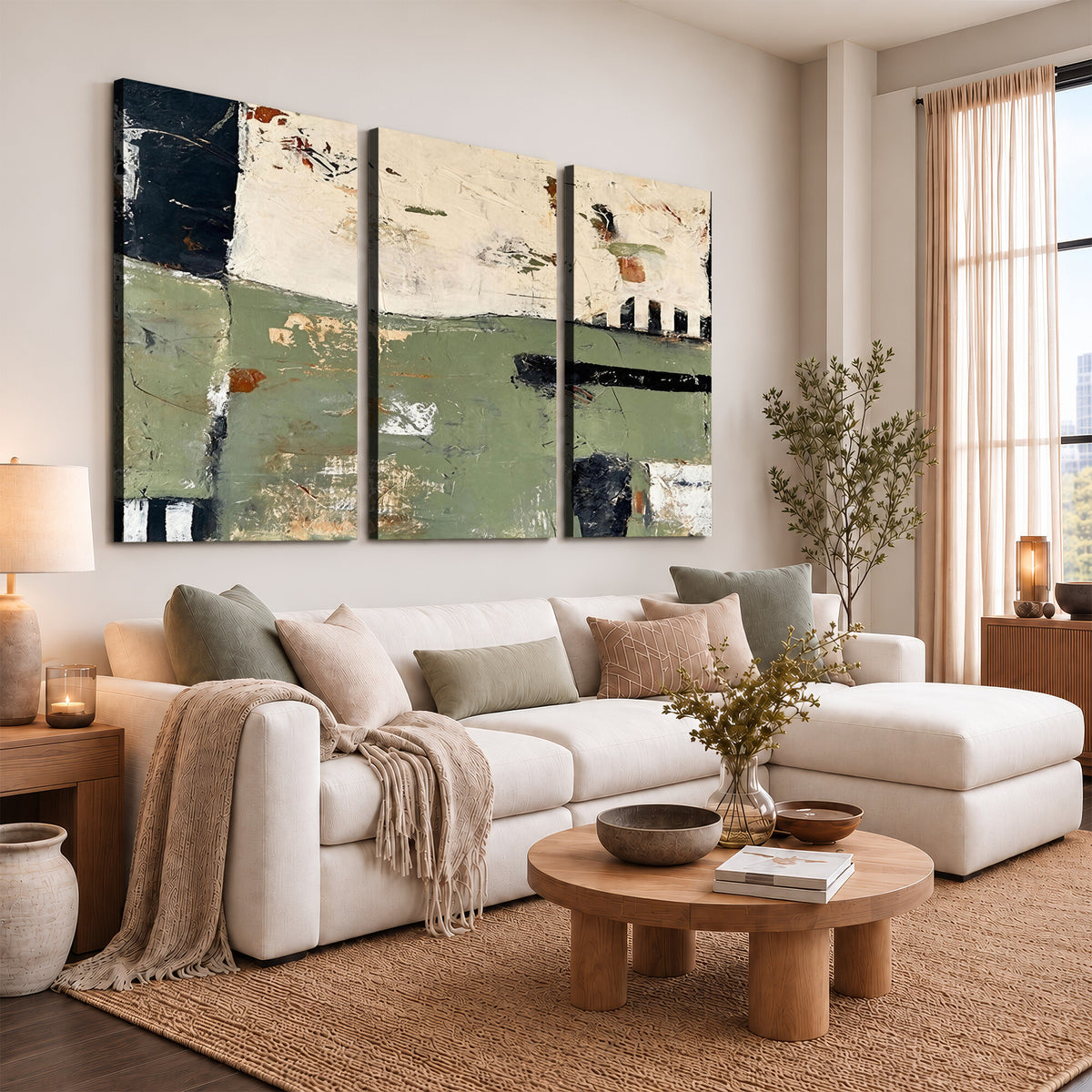 77942087-MGV-CV-36X24 - Sage Green Abstract Geometric Landscape Wall Art Canvas Print, Modern Minimalist Decor