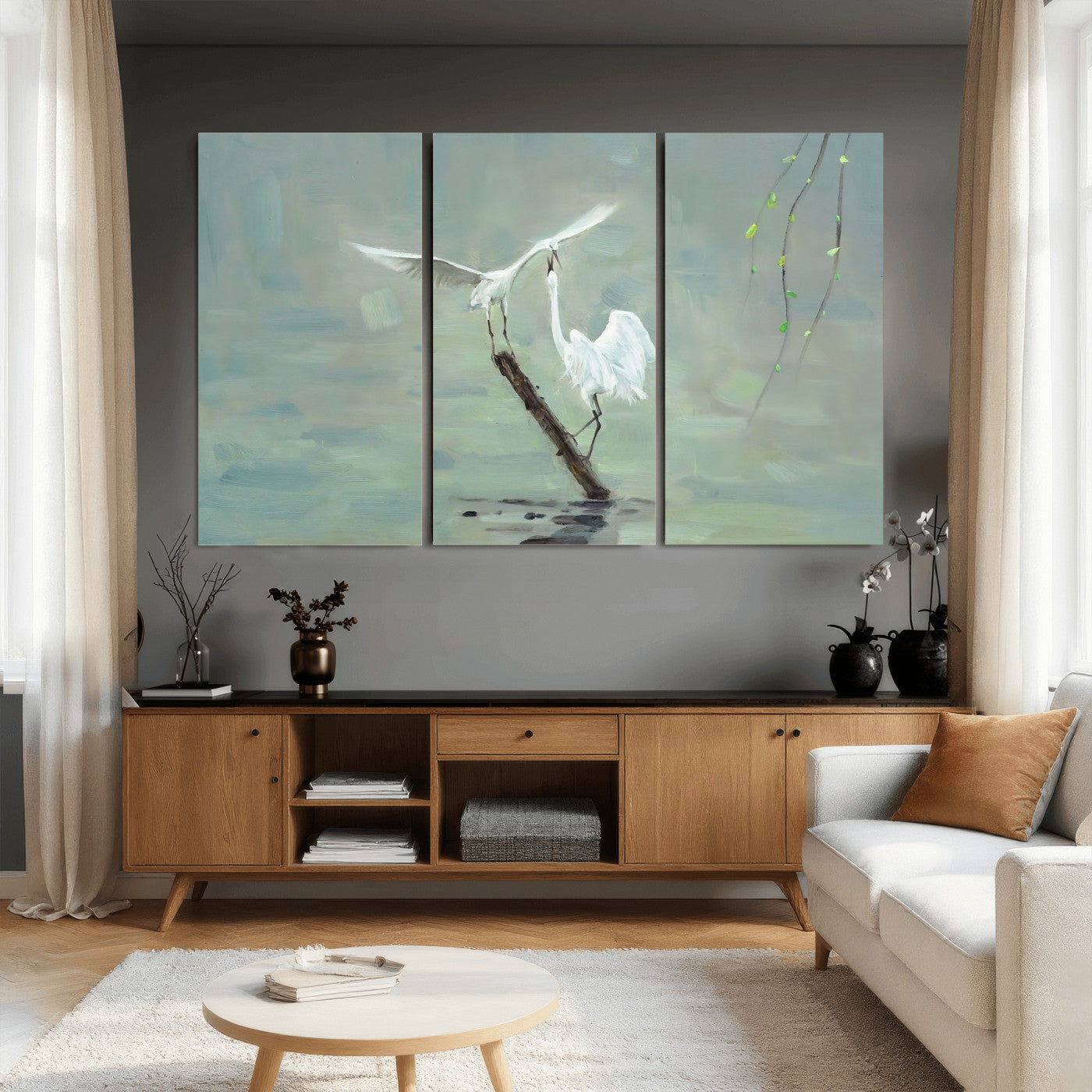 91124838-MGV-CV-36X24 - Two White Egrets on Marsh Branch Wall Art Canvas Print - Vintage Style Coastal Bird Poster