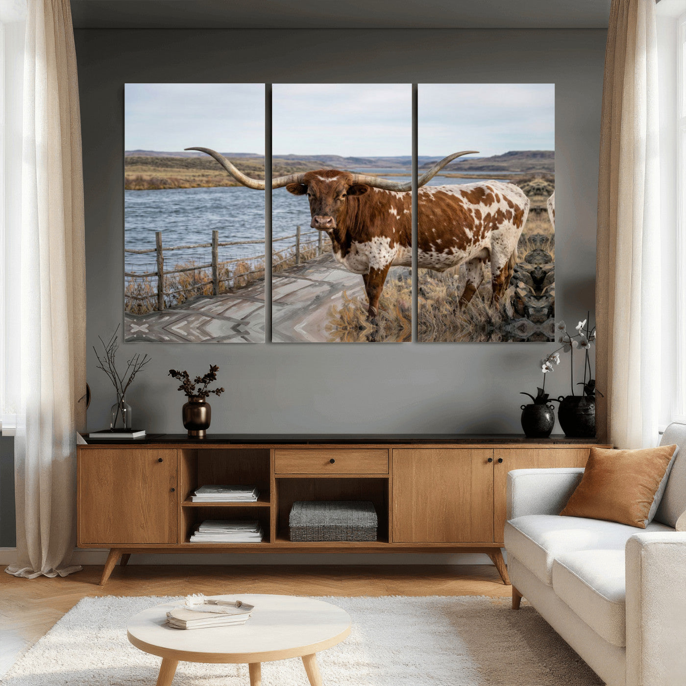 91575949-MGV-CV-36X24 - Texas Longhorn Cattle in Desert Pasture Wall Art Canvas Print - Rustic Western Decor