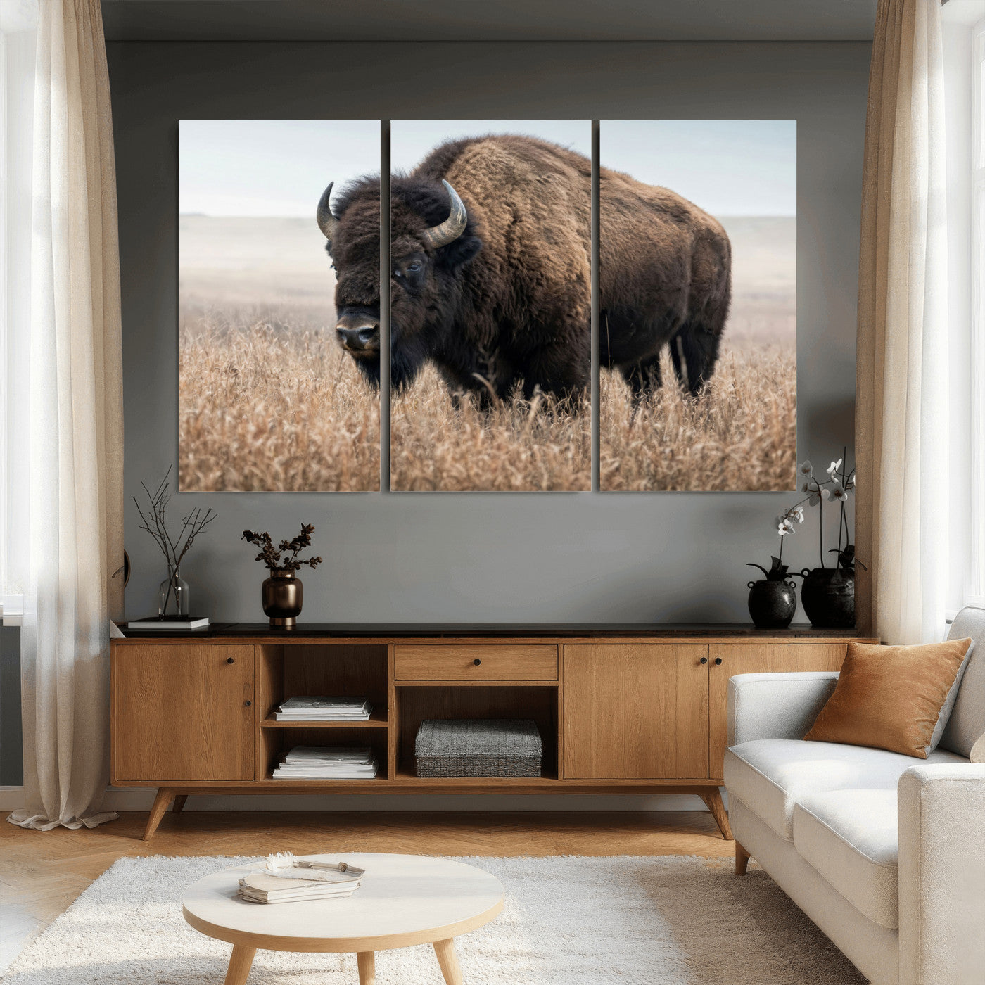 81029583-MGV-CV-36X24 - American Bison in Prairie Field Wall Art Canvas Print - Rustic Wildlife Photography