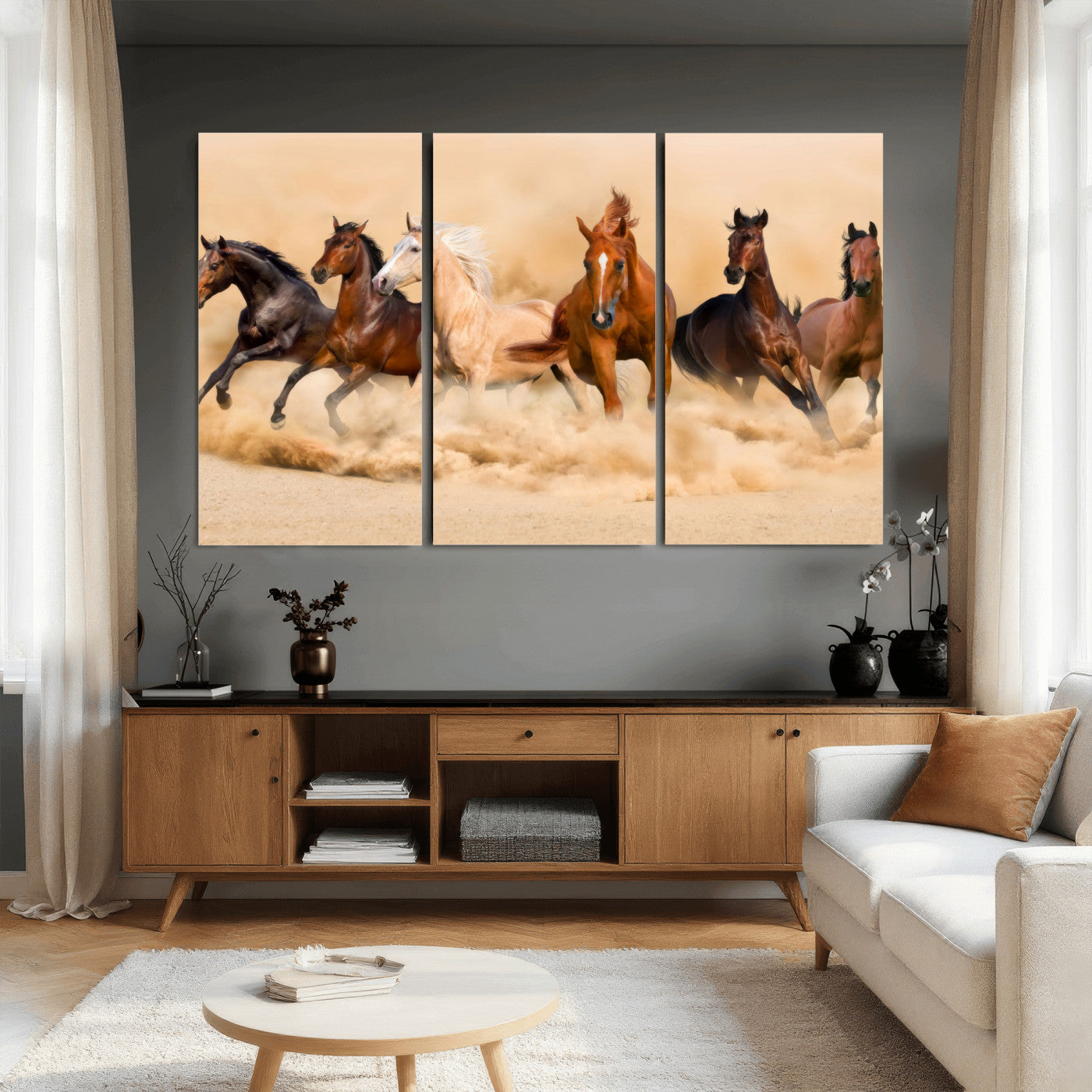 90610949-MGV-CV-36X24 - Herd of Six Wild Horses Galloping in Dust Storm Wall Art Canvas Print - Majestic Wildlife Decor