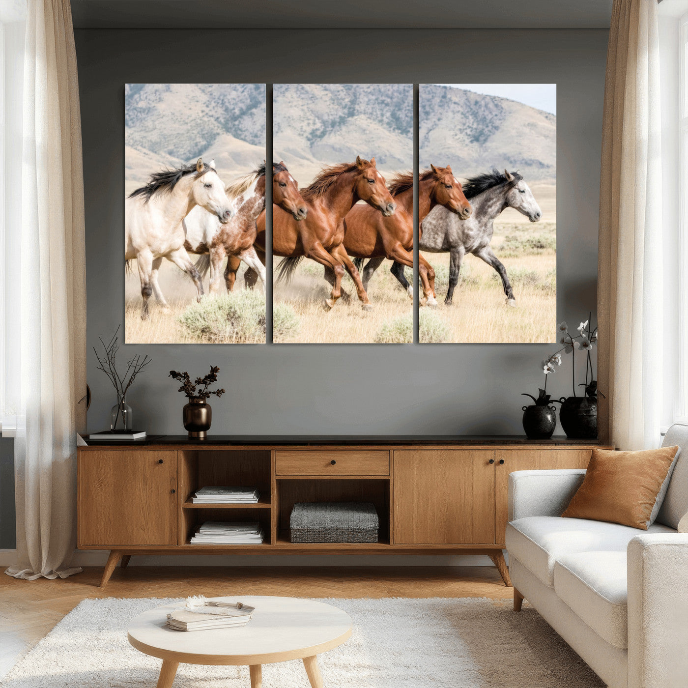 68345893-MGV-CV-36X24 - Five Mustangs Running Wild in Mountain Valley Wall Art Canvas Print - Rustic Western Decor