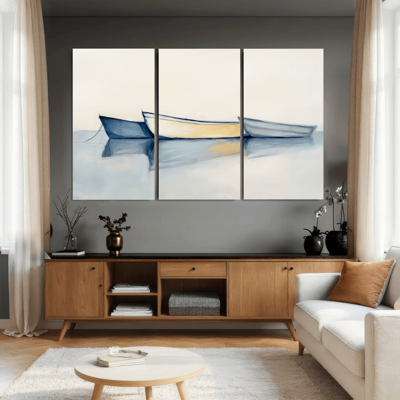 84017361-MGV-CV-36X24 - Abstract Three Boats Reflecting on Water Wall Art Canvas Print - Minimalist Coastal Seascape