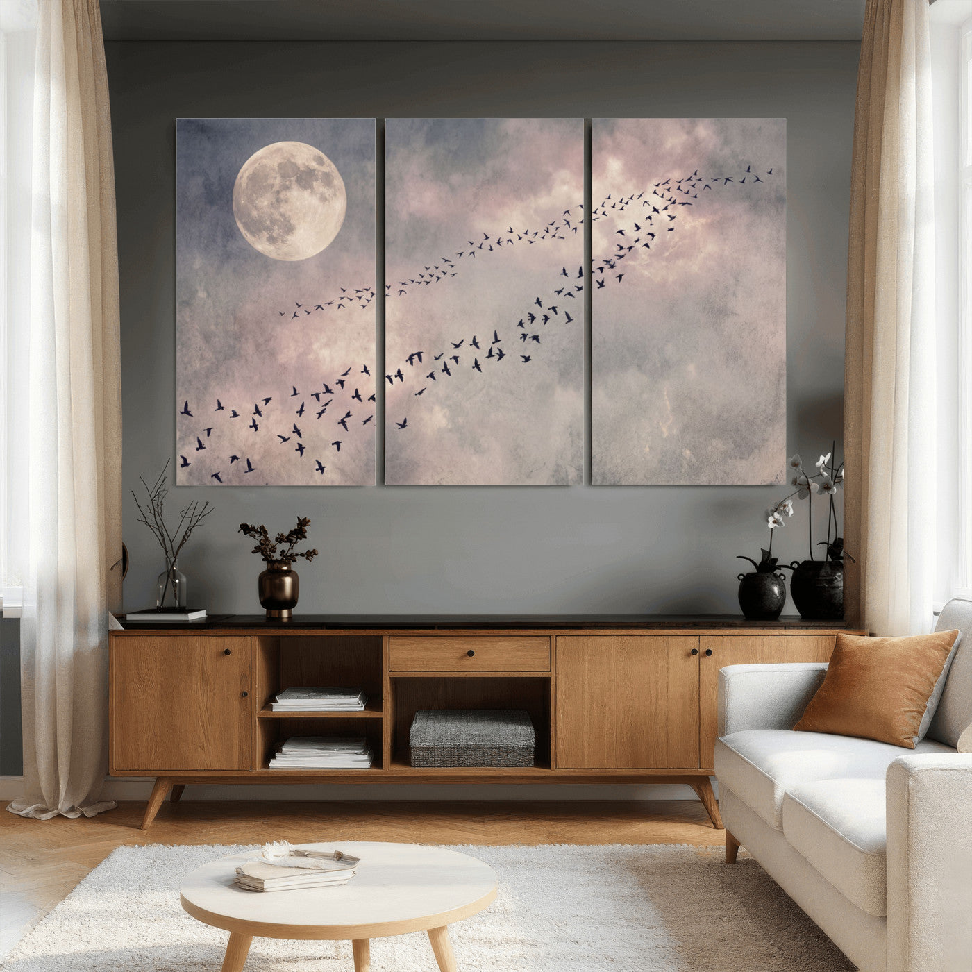52339590-MGV-CV-36X24 - Birds Flying to Moon Wall Art Canvas Print - Vintage Surreal Night Sky Sky Print