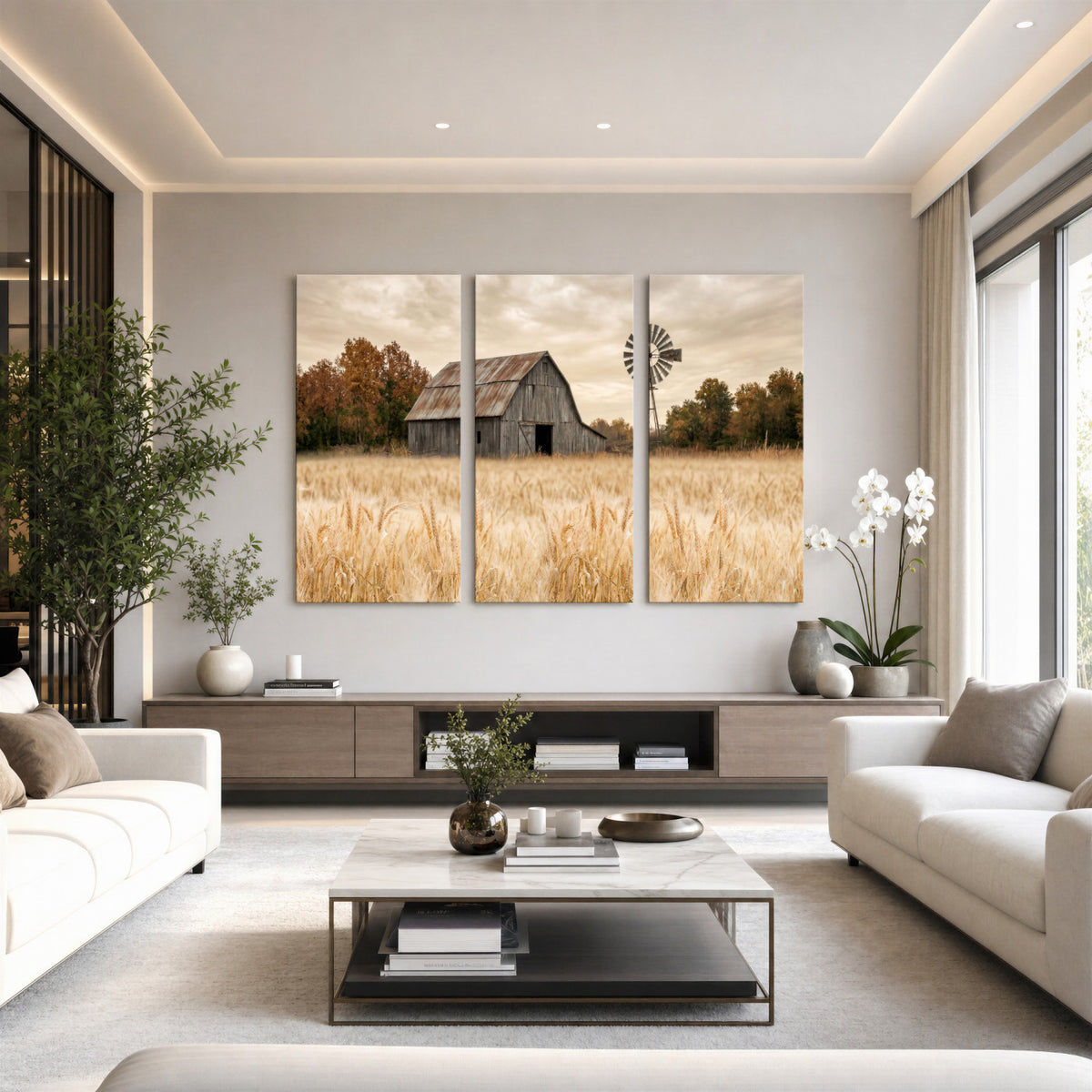 99640659-MGV-CV-36X24 - Rustic Farmhouse Barn and Windmill Wall Art Canvas Print, Country Landscape Photography Print