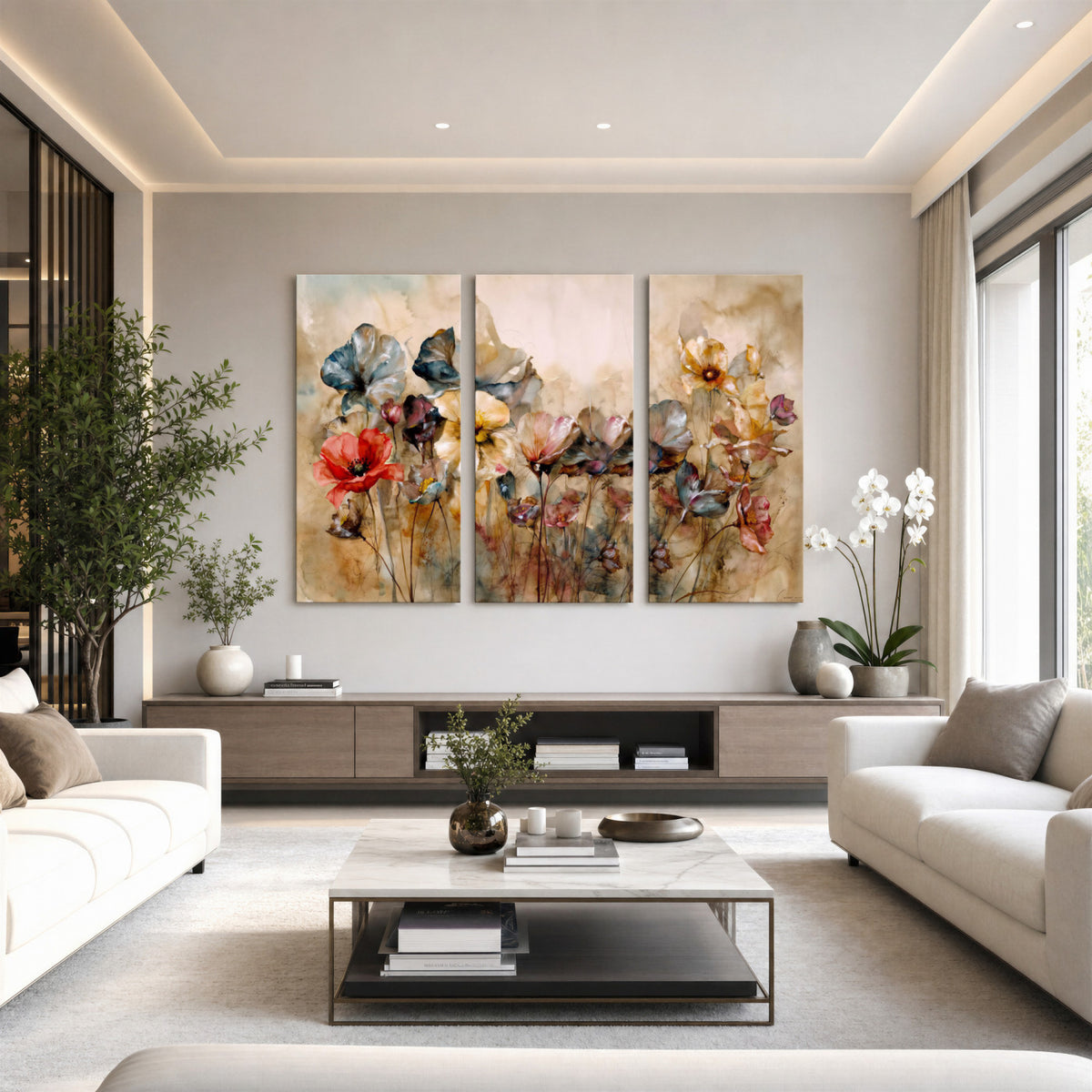 11407233-MGV-CV-36X24 - Vintage Dried Floral Meadow Wall Art Canvas Print, Translucent Watercolor Flowers Painting Print