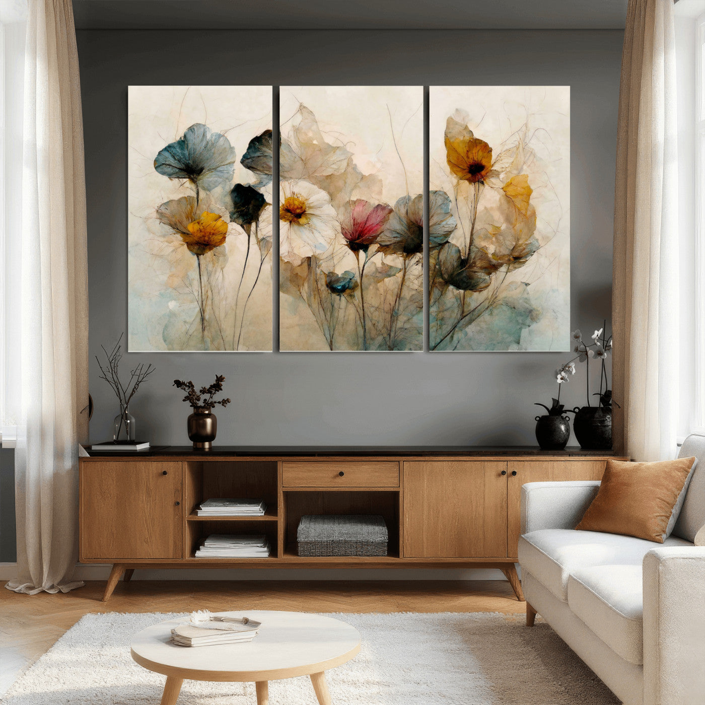 86802229-MGV-CV-36X24 - Vintage Dried Floral Meadow Wall Art Canvas Print, Translucent Watercolor Flowers Painting Print