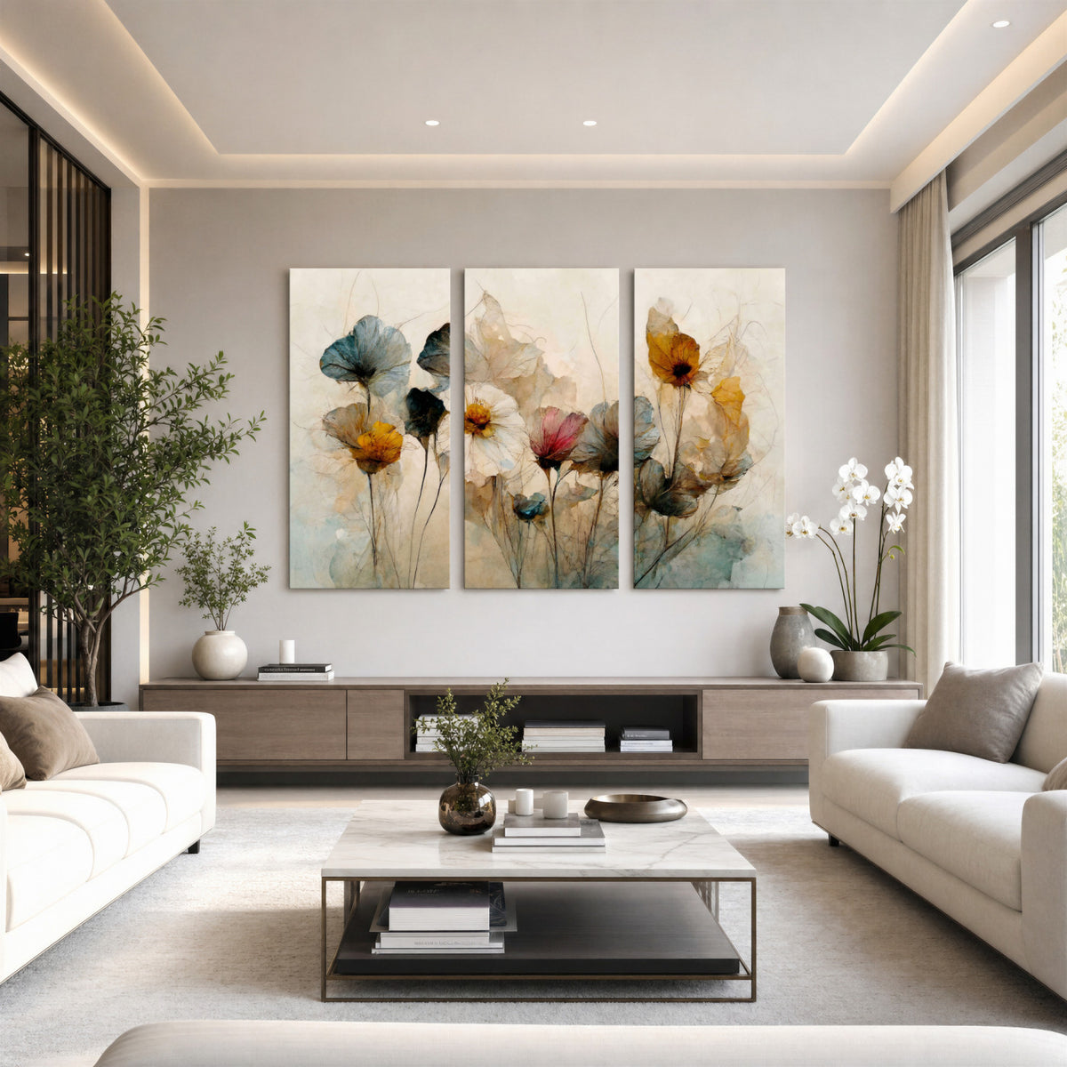86802229-MGV-CV-36X24 - Vintage Dried Floral Meadow Wall Art Canvas Print, Translucent Watercolor Flowers Painting Print