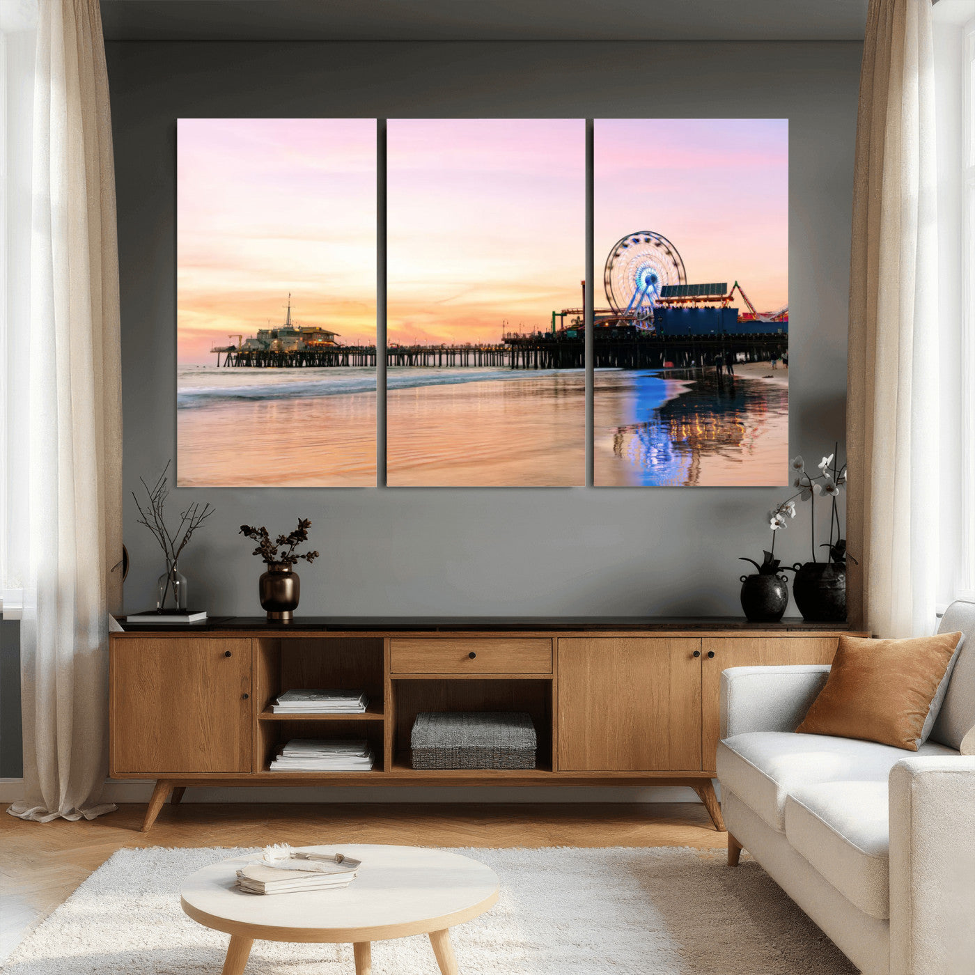 27381272-MGV-CV-36X24 - Santa Monica Pier Sunset Beach Wall Art Canvas Print, California Ferris Wheel Photo Print