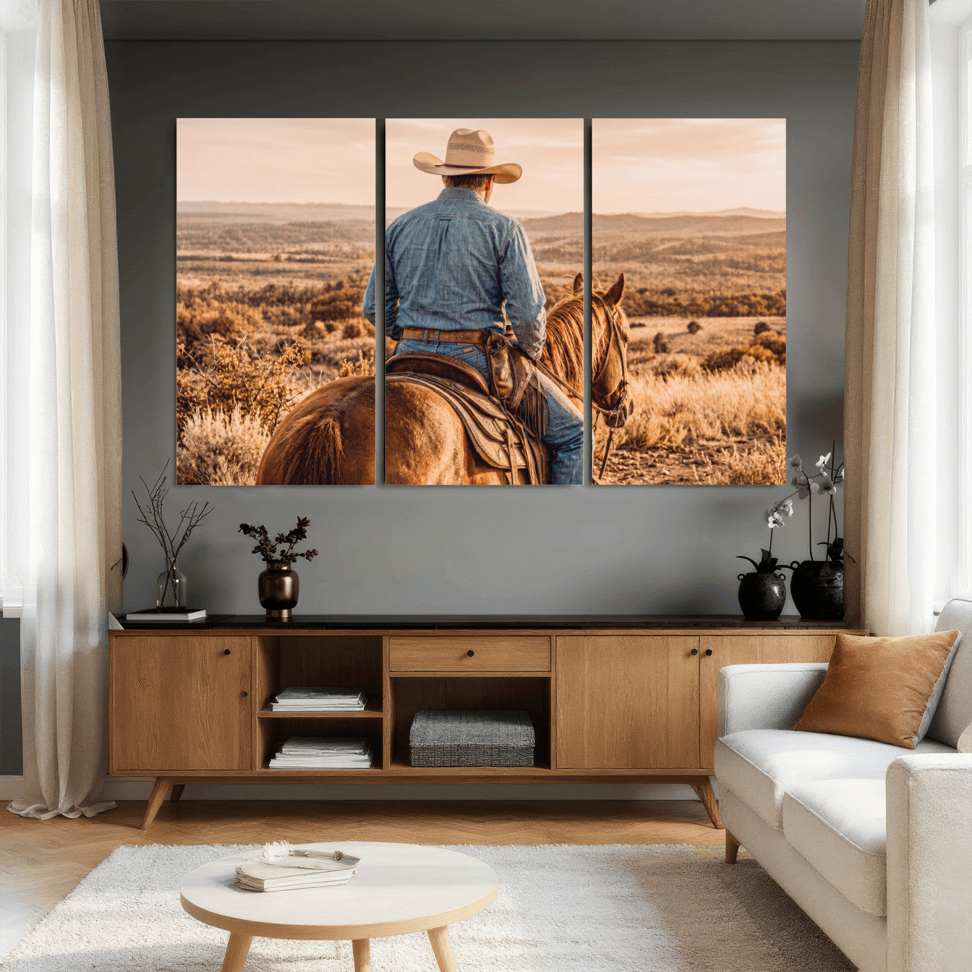62076449-MGV-CV-36X24 - Texas Cowboy and Horse Print for Western Wall Art Decor for Farmhouse