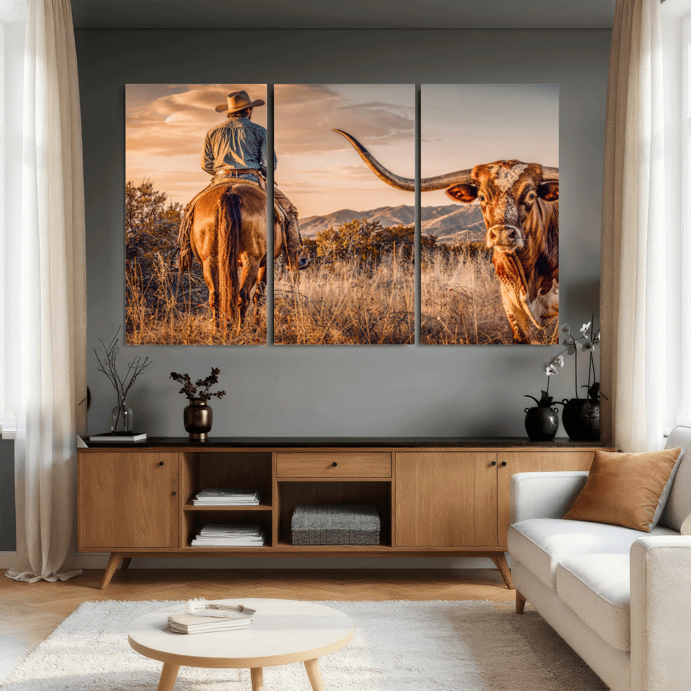 62076449C-MGV-CV-36X24 - Texas Cowboy and Longhorn Bull Print for Western Wall Art Decor for Farmhouse