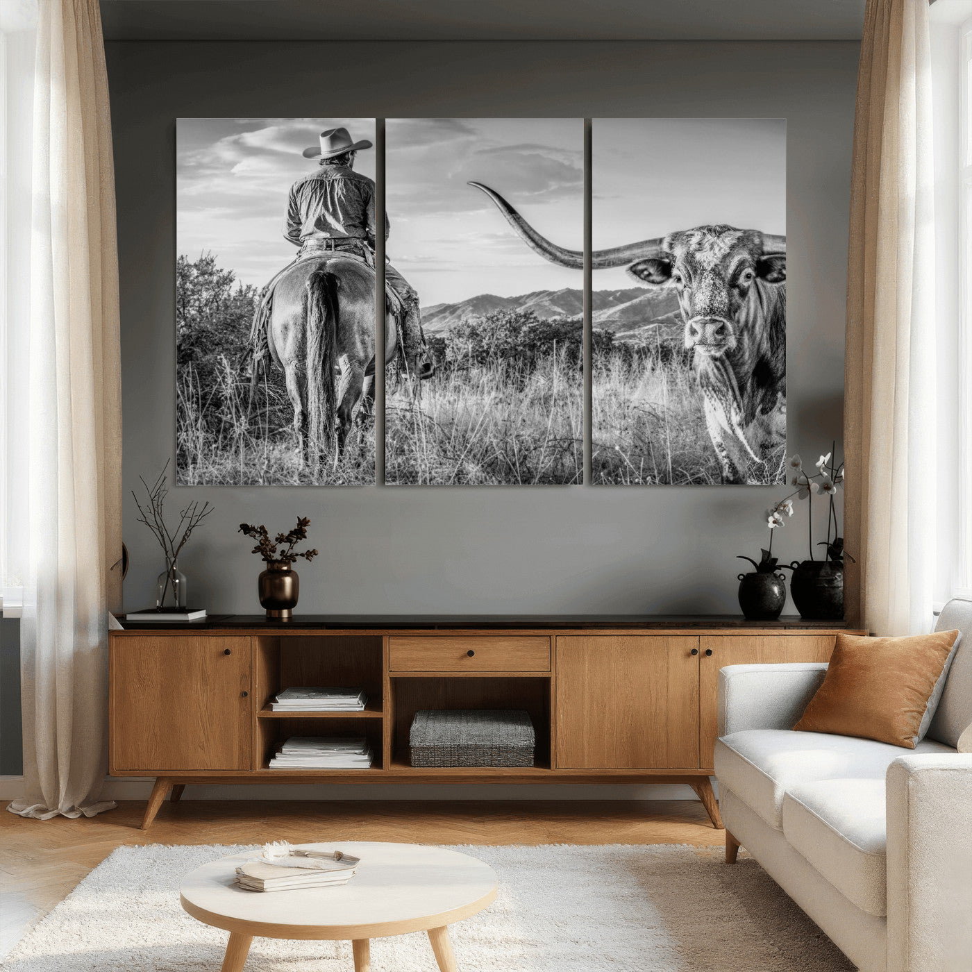 62076449WB-MGV-CV-36X24 - Texas Cowboy and Longhorn Bull Print for Western Wall Art Decor for Farmhouse