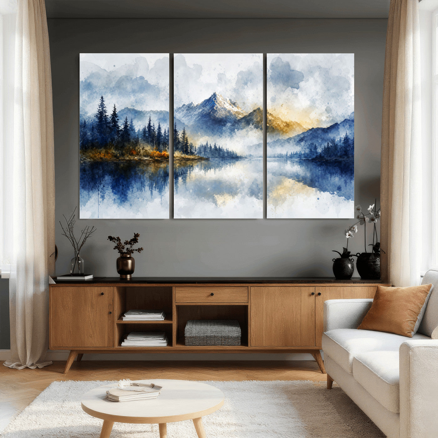 62076449DG-MGV-CV-36X24 - Abstract Watercolor Mountain Lake Wall Art Print for Living Room Decor