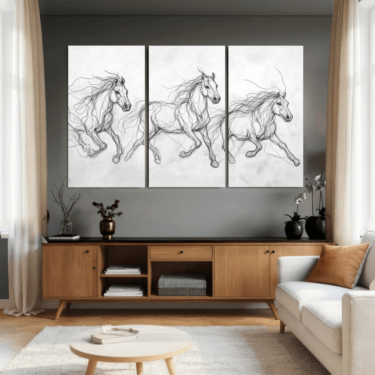 53600119-MGV-CV-36X24 - Monochrome Horse Canvas Wall Art, Black Ink Sketch Wild Horses Print, Minimalist Equestrian Artwork, Modern Abstract Line Decor, Urban Loft Gift