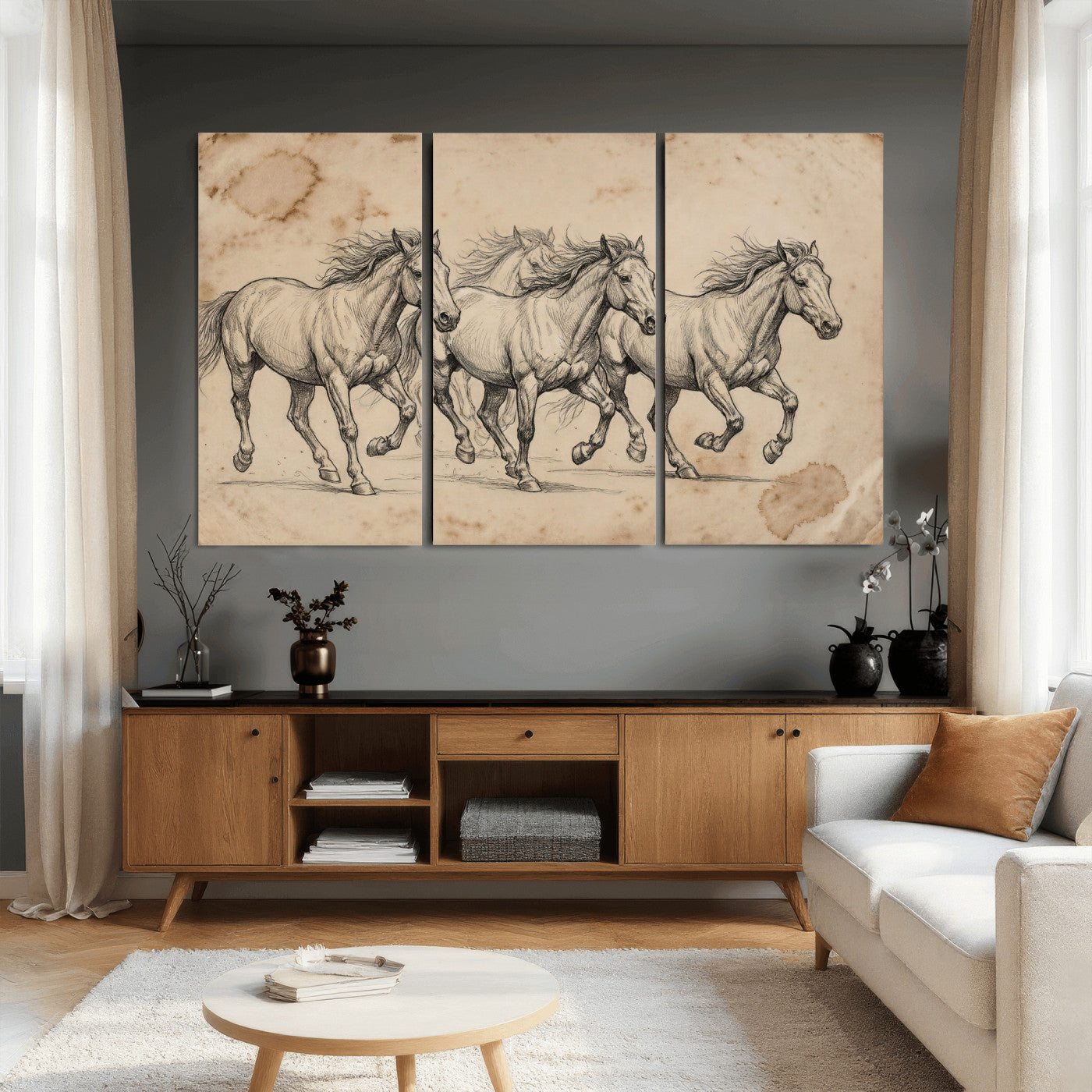 56046981-MGV-CV-36X24 - Sepia Wild Horses Canvas Art, Antique Pencil Drawing Print, Vintage Gallery Wall Decor, Rustic Equestrian Artwork, Traditional Den Gift