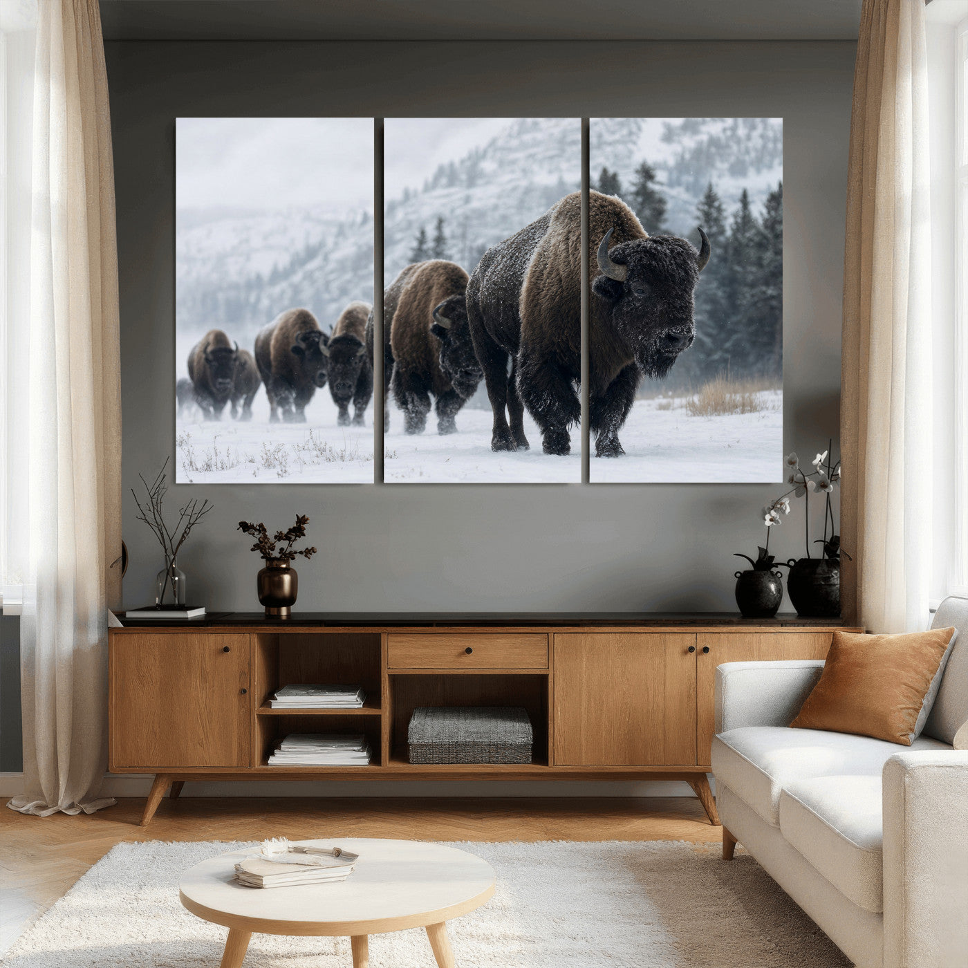 18343289-MGV-CV-36X24 - Rustic Bison Wall Art, American Buffalo Photo Print, Wildlife Canvas Artwork, Snowy Mountain Decor, Large Nature Poster, Cabin Gift Idea