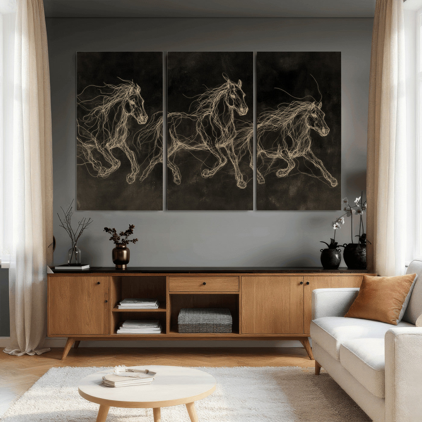 15344242-MGV-CV-36X24 - Dark Horse Line Art Canvas, Gold Scribble Wild Horses Print, Black Chalkboard Wall Art, Modern Luxury Equine Decor, Masculine Office Gift