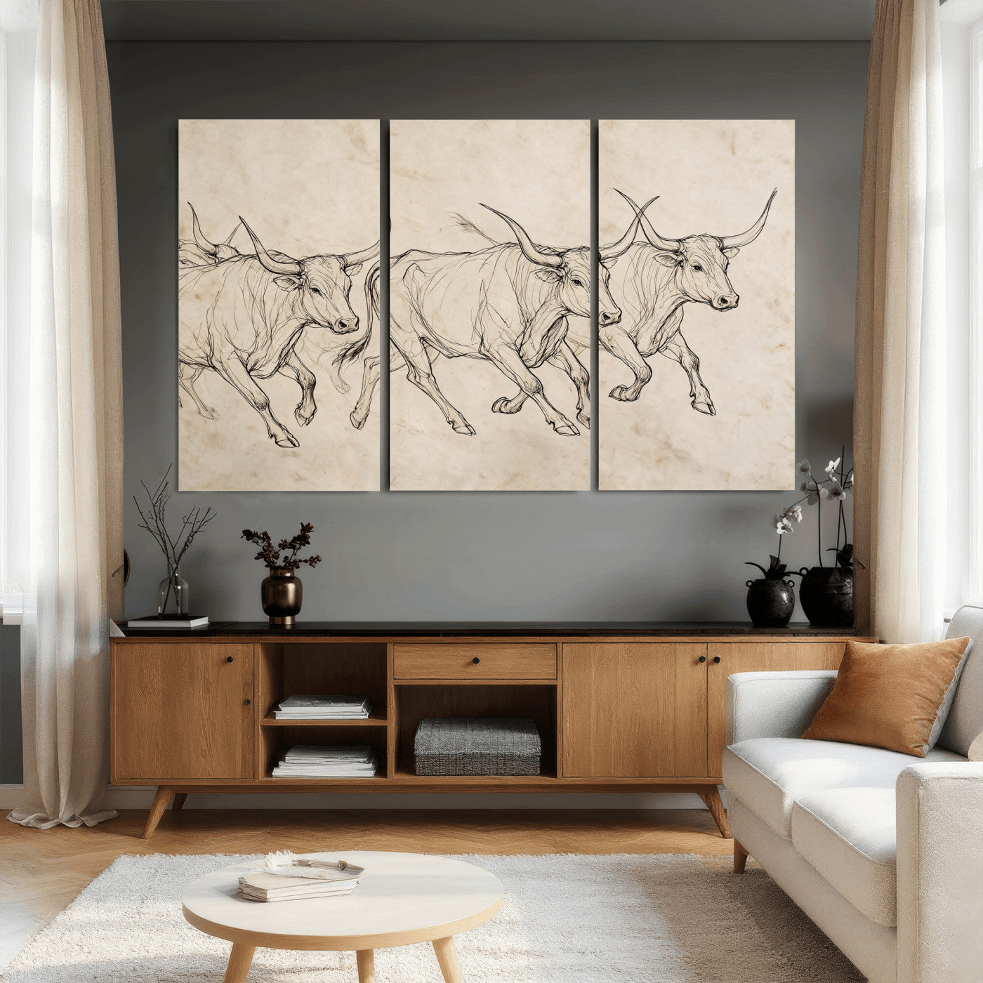 87177621-MGV-CV-36X24 - Minimalist Longhorn Line Art, Modern Texas Bull Canvas Print, Abstract Western Wall Decor, Continuous Line Artwork, Black White Ranch Gift