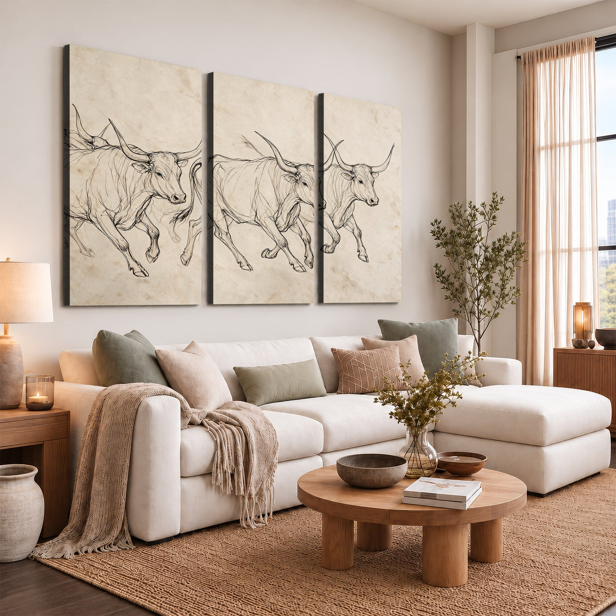 87177621-MGV-CV-36X24 - Minimalist Longhorn Line Art, Modern Texas Bull Canvas Print, Abstract Western Wall Decor