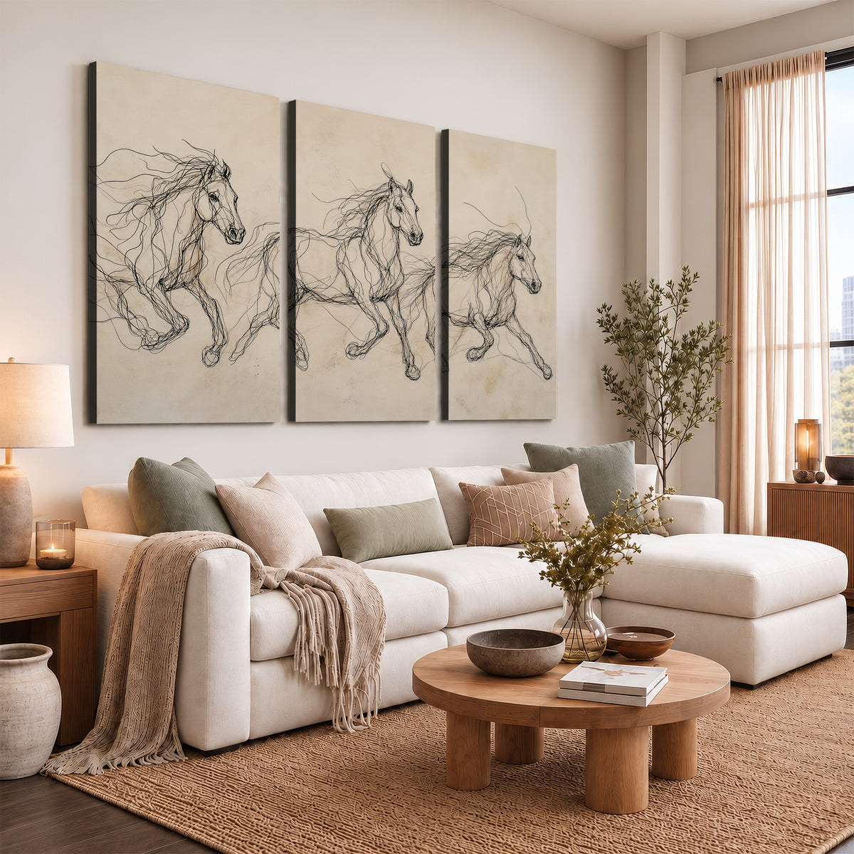 81051673-MGV-CV-36X24 - Abstract Horse Line Art Canvas, Gesture Sketch Wild Horses Print, Minimalist Equine Decor