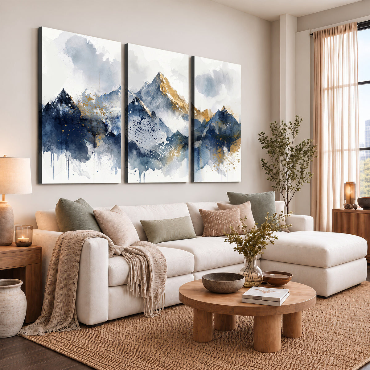 87460616-MGV-CV-36X24 - Abstract Mountain Canvas Wall Art, Blue Gold Foil Landscape Print, Modern Indigo Wall Decor